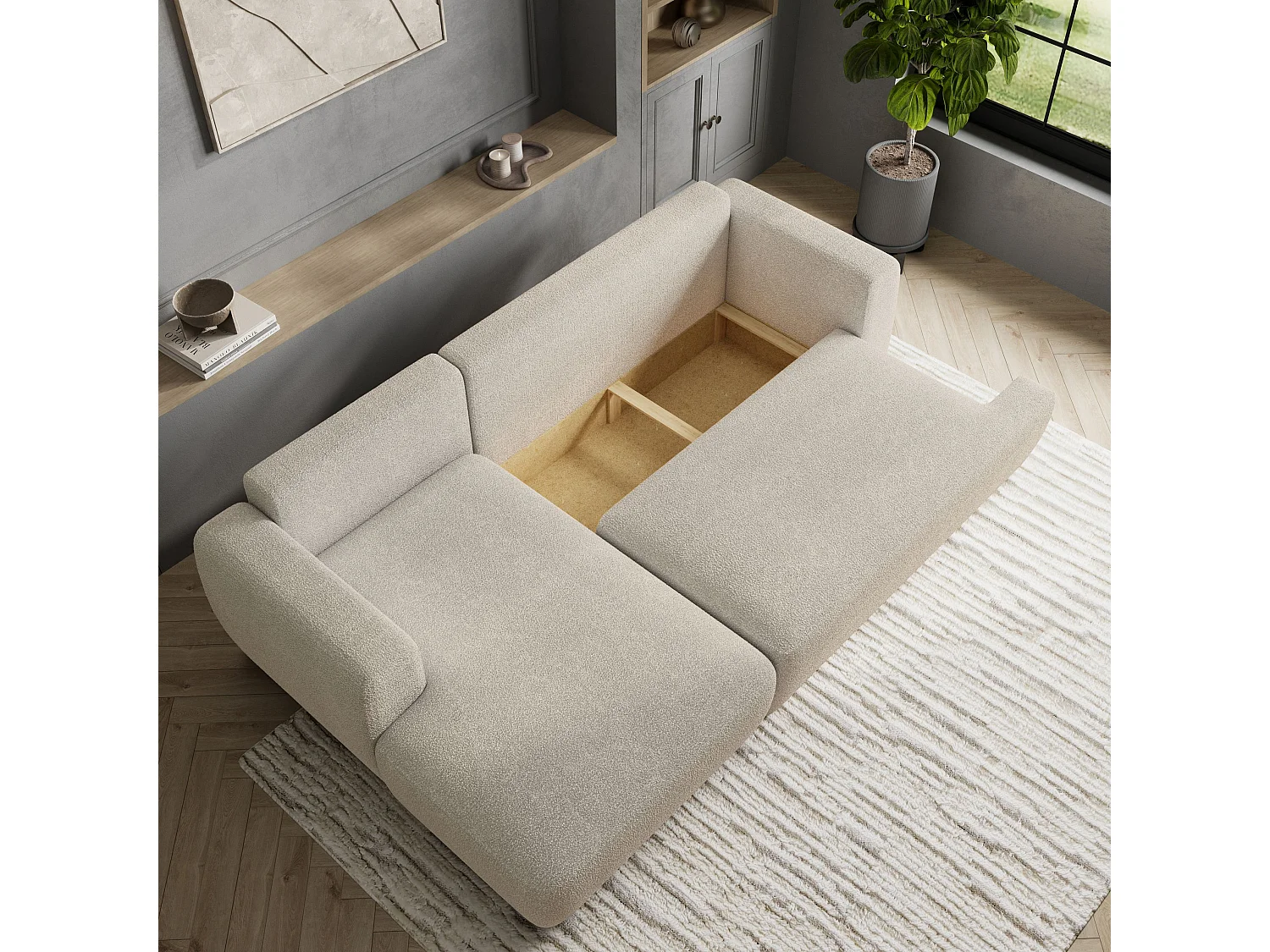 Canapé d'angle SENTI Crème en bouclé avec fonction de couchage