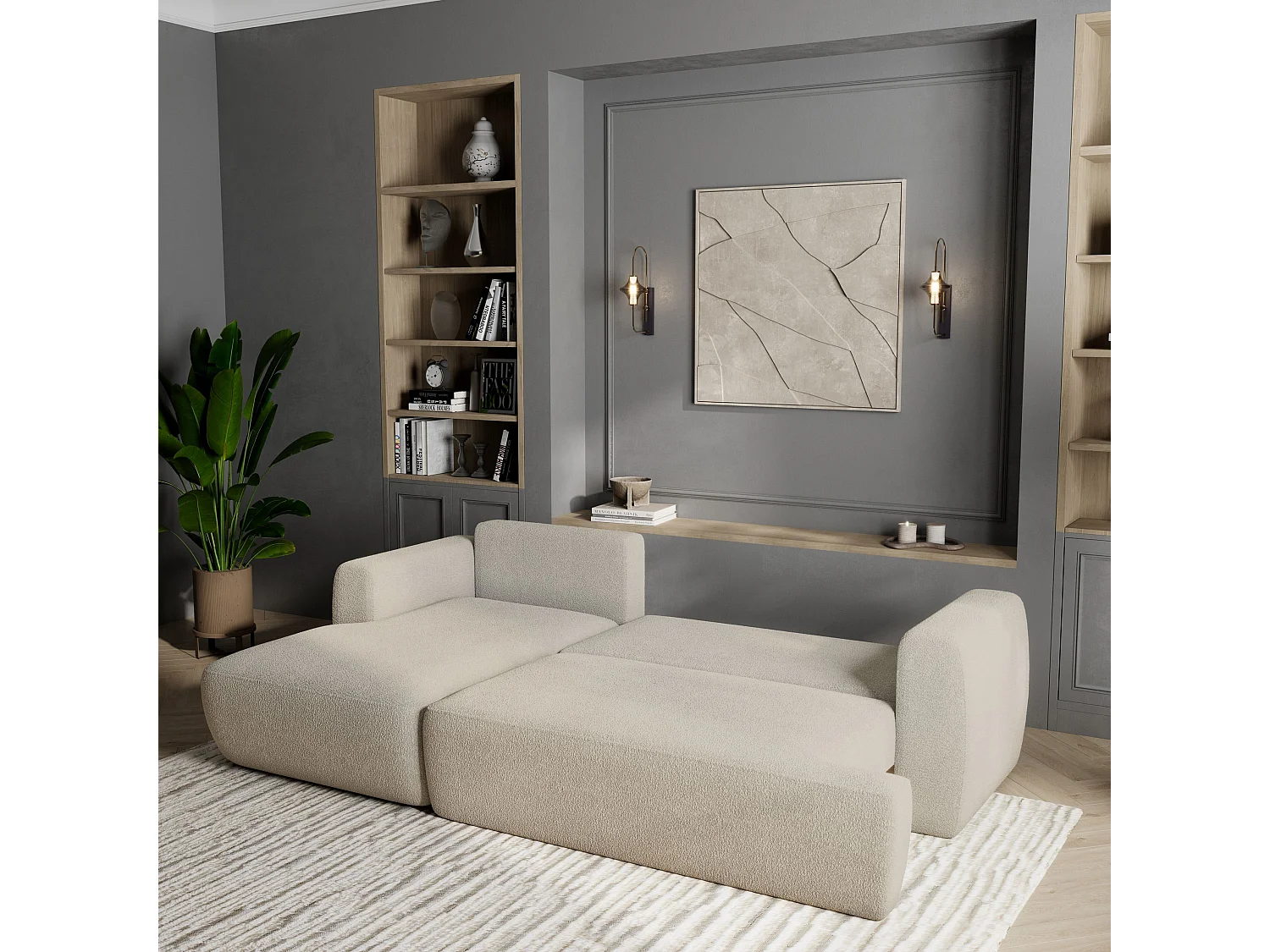 Canapé d'angle SENTI Crème en bouclé avec fonction de couchage