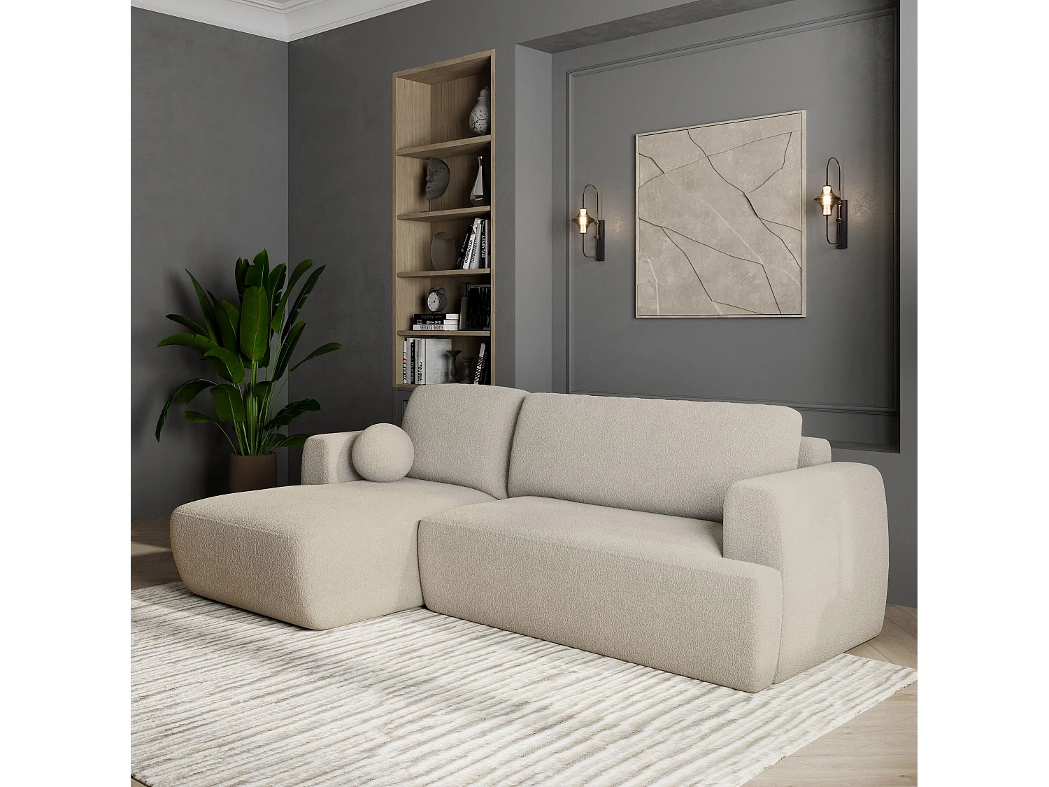 Canapé d'angle SENTI Crème en bouclé avec fonction de couchage