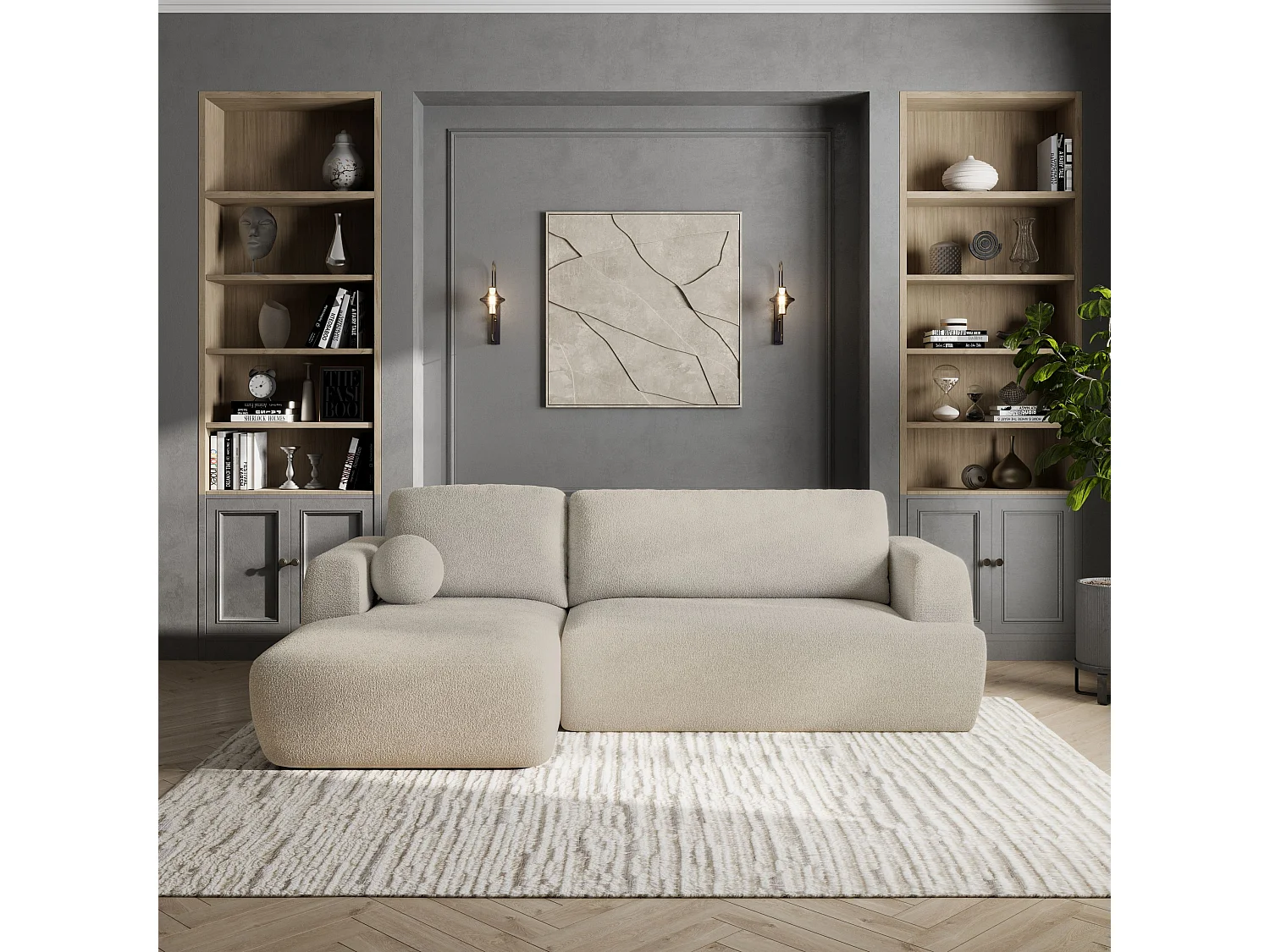 Canapé d'angle SENTI Crème en bouclé avec fonction de couchage