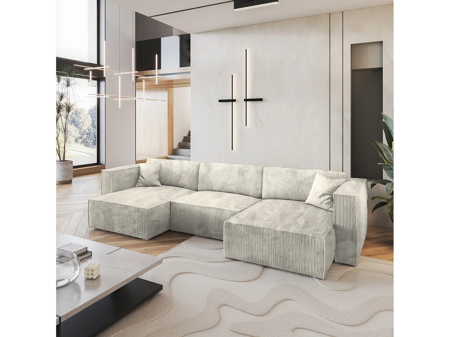 Canapé d'angle SARMO Crème en velours côtelé avec fonction de couchage