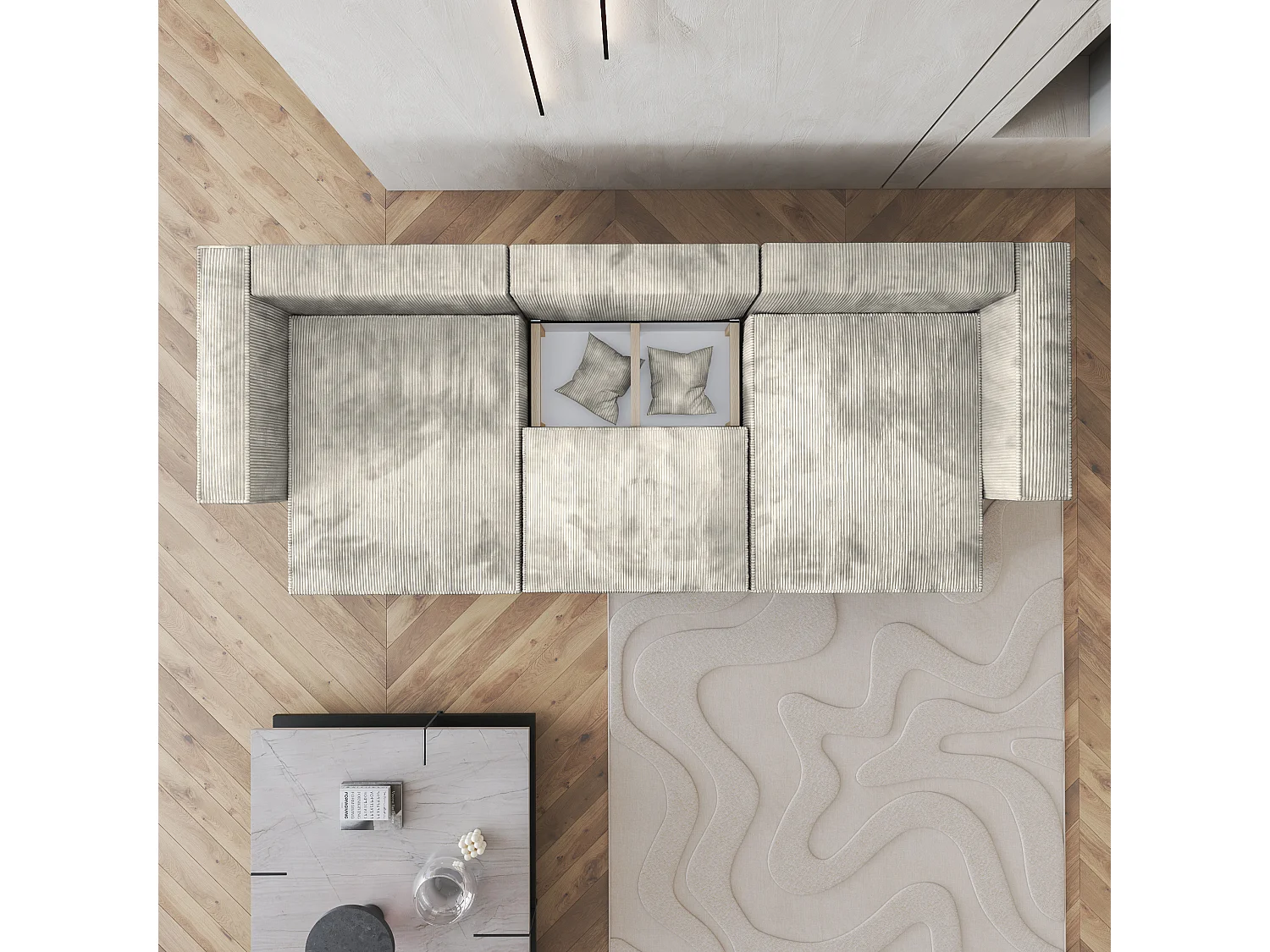 Canapé d'angle SARMO Crème en velours côtelé avec fonction de couchage