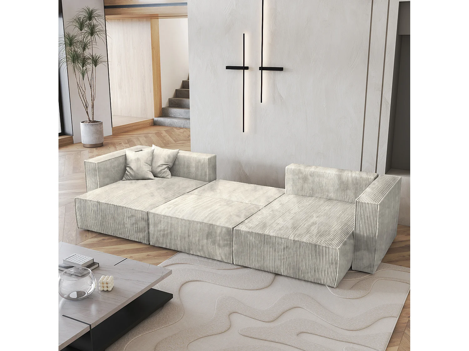 Canapé d'angle SARMO Crème en velours côtelé avec fonction de couchage