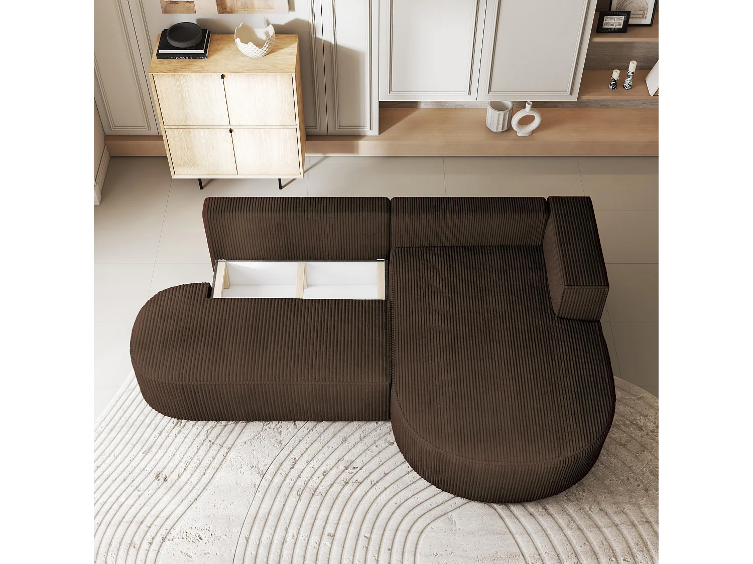 Canapé d'angle CORTIO Marron en velours côtelé avec fonction de couchage