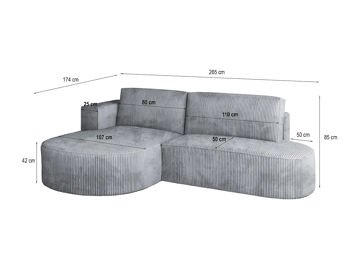 Canapé d'angle CORTIO Marron en velours côtelé avec fonction de couchage