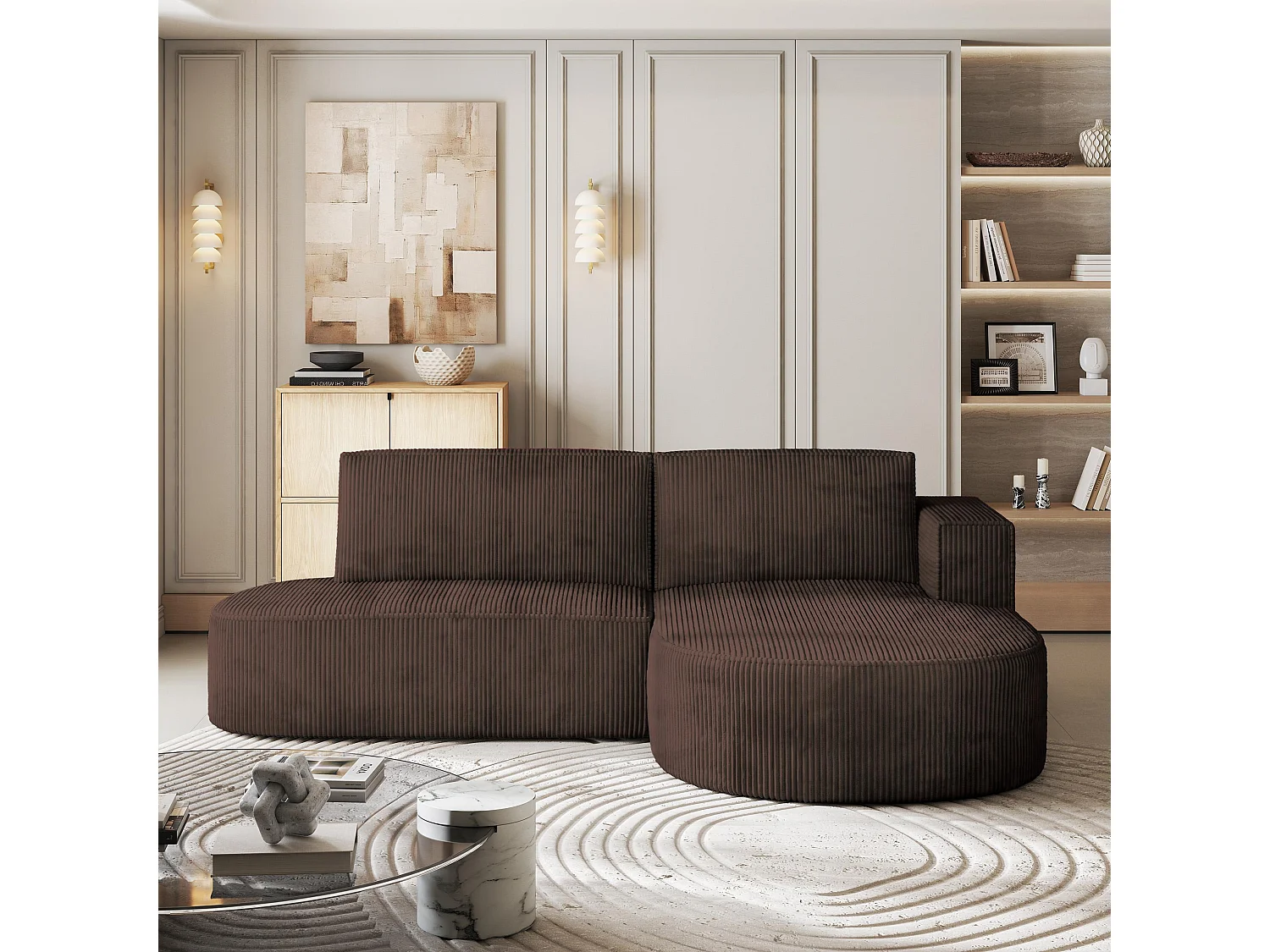 Canapé d'angle CORTIO Marron en velours côtelé avec fonction de couchage