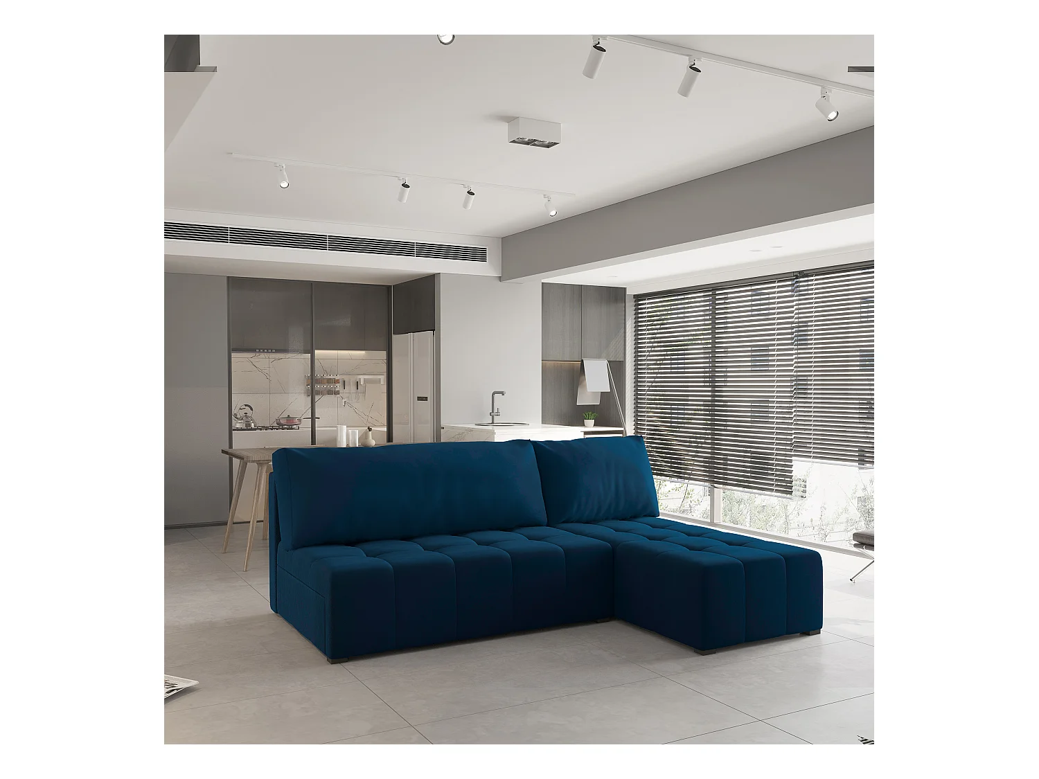 Canapé d'angle DOMIRA Bleu en peluche avec fonction de couchage