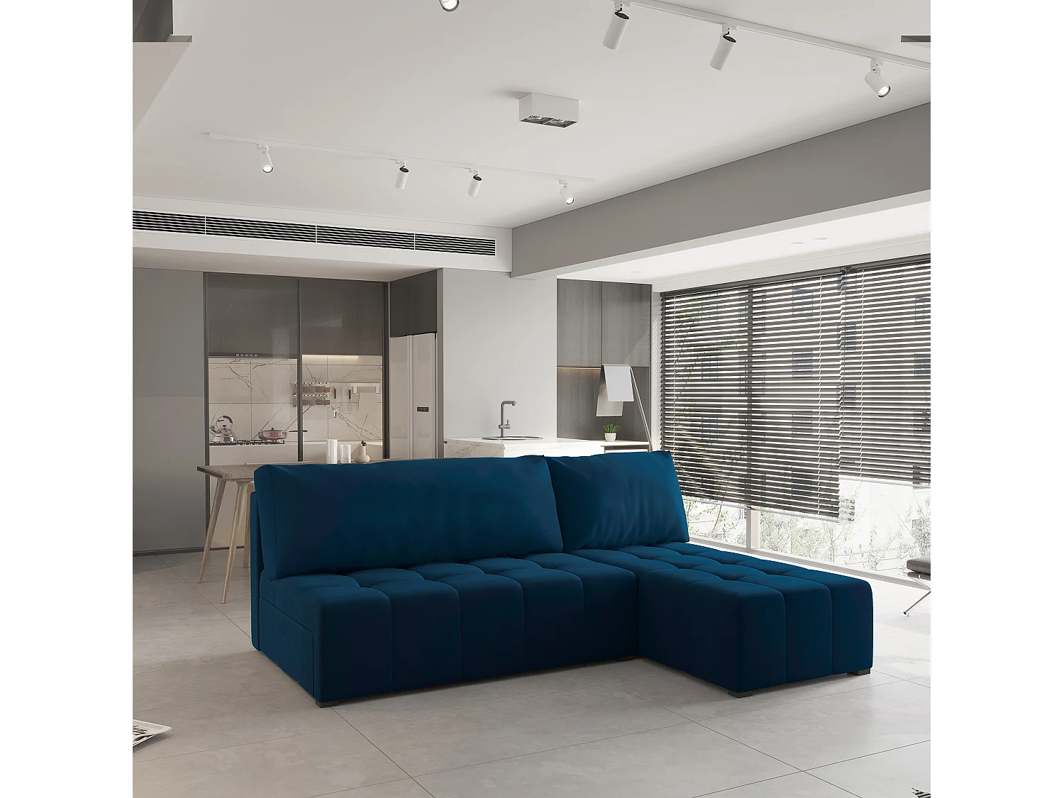 Canapé d'angle DOMIRA Bleu en peluche avec fonction de couchage