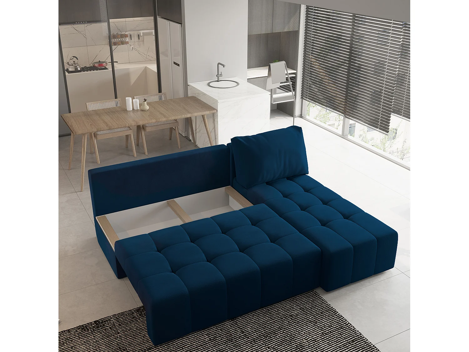 Canapé d'angle DOMIRA Bleu en peluche avec fonction de couchage