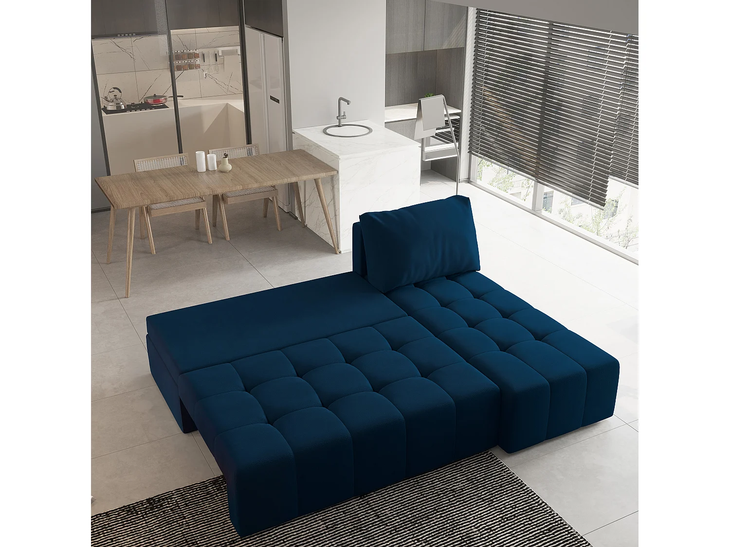 Canapé d'angle DOMIRA Bleu en peluche avec fonction de couchage