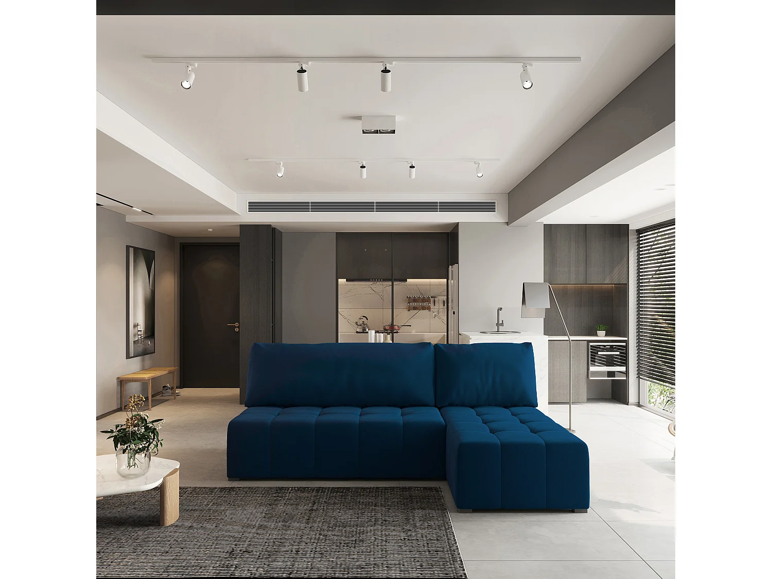 Canapé d'angle DOMIRA Bleu en peluche avec fonction de couchage