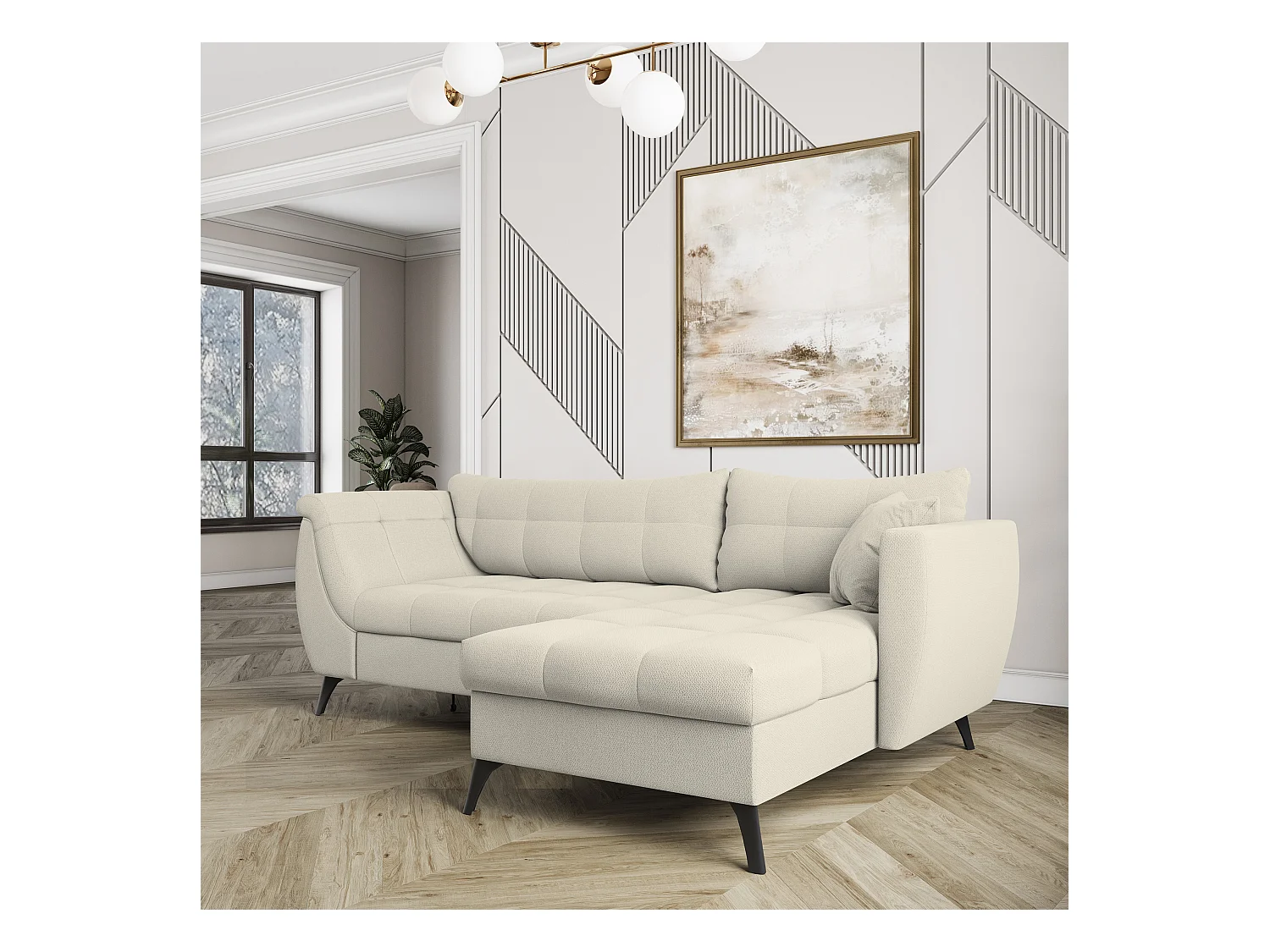 Canapé d'angle MOLLIS Crème en tissu texturé avec fonction de couchage