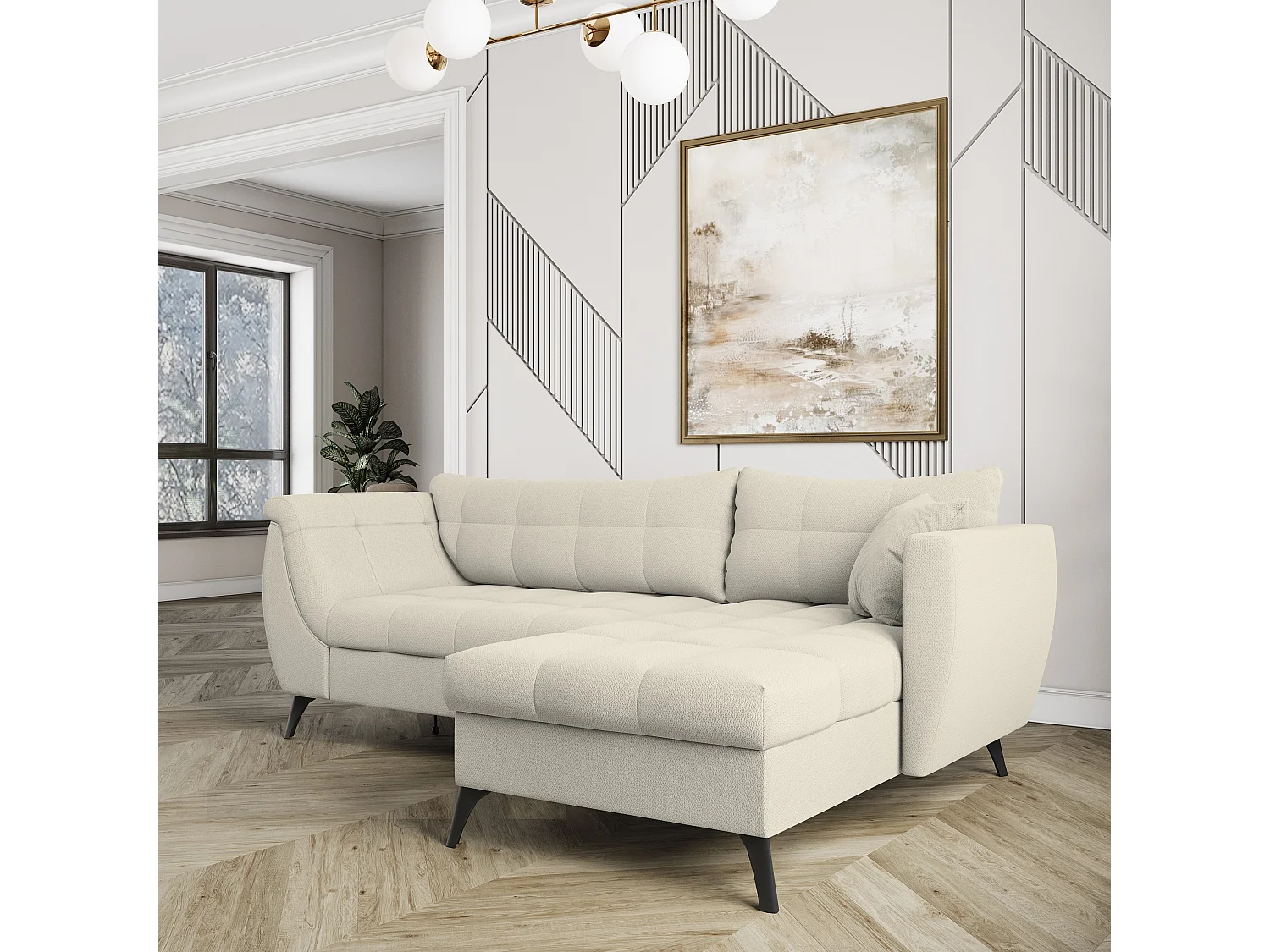 Canapé d'angle MOLLIS Crème en tissu texturé avec fonction de couchage