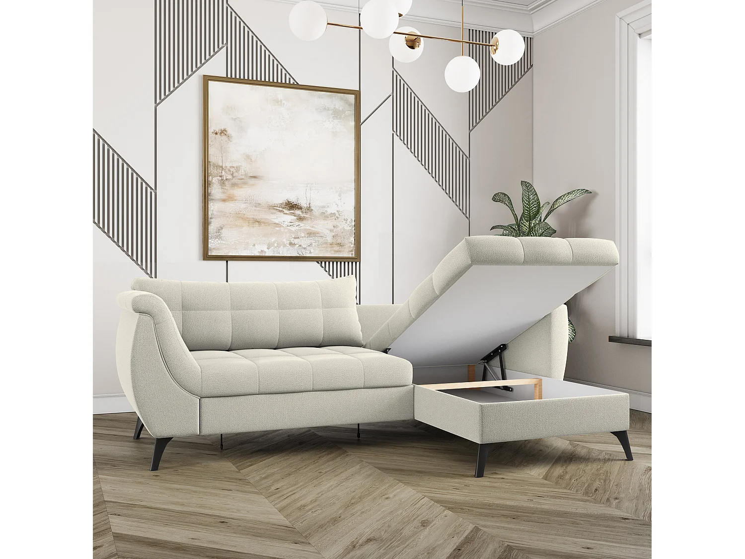 Canapé d'angle MOLLIS Crème en tissu texturé avec fonction de couchage