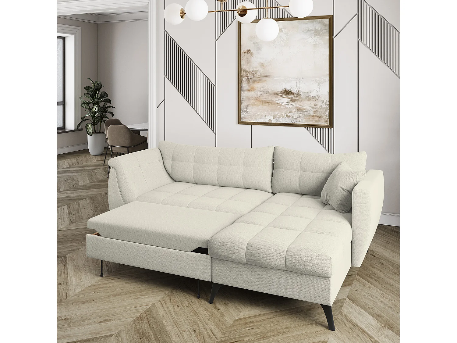 Canapé d'angle MOLLIS Crème en tissu texturé avec fonction de couchage