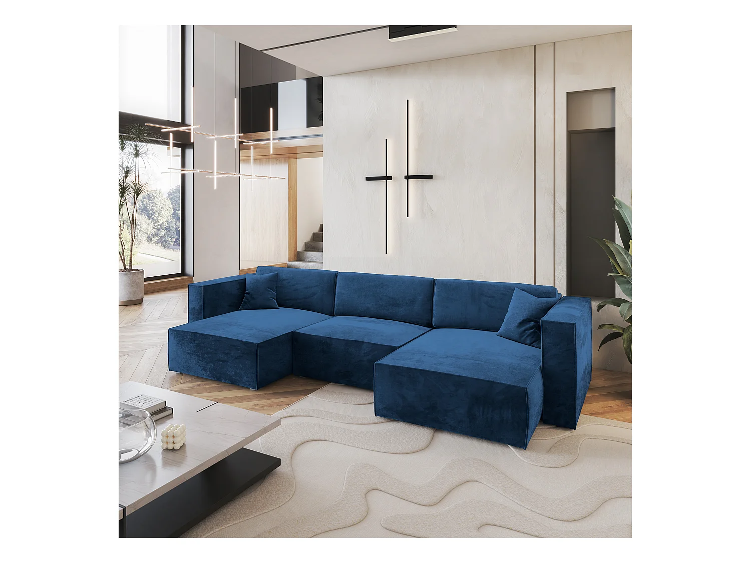 Canapé d'angle SARMO Bleu en velours avec fonction de couchage