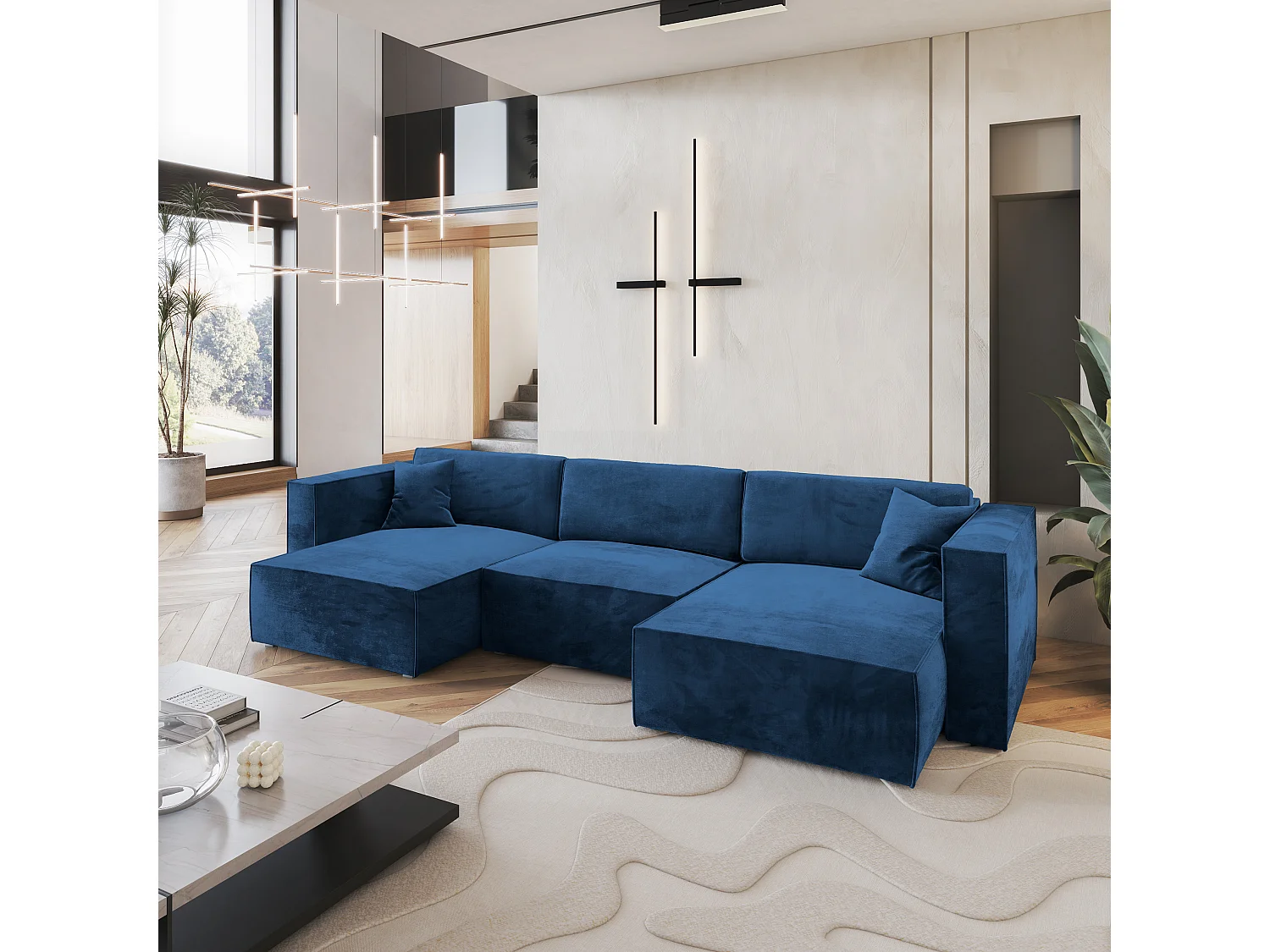 Canapé d'angle SARMO Bleu en velours avec fonction de couchage