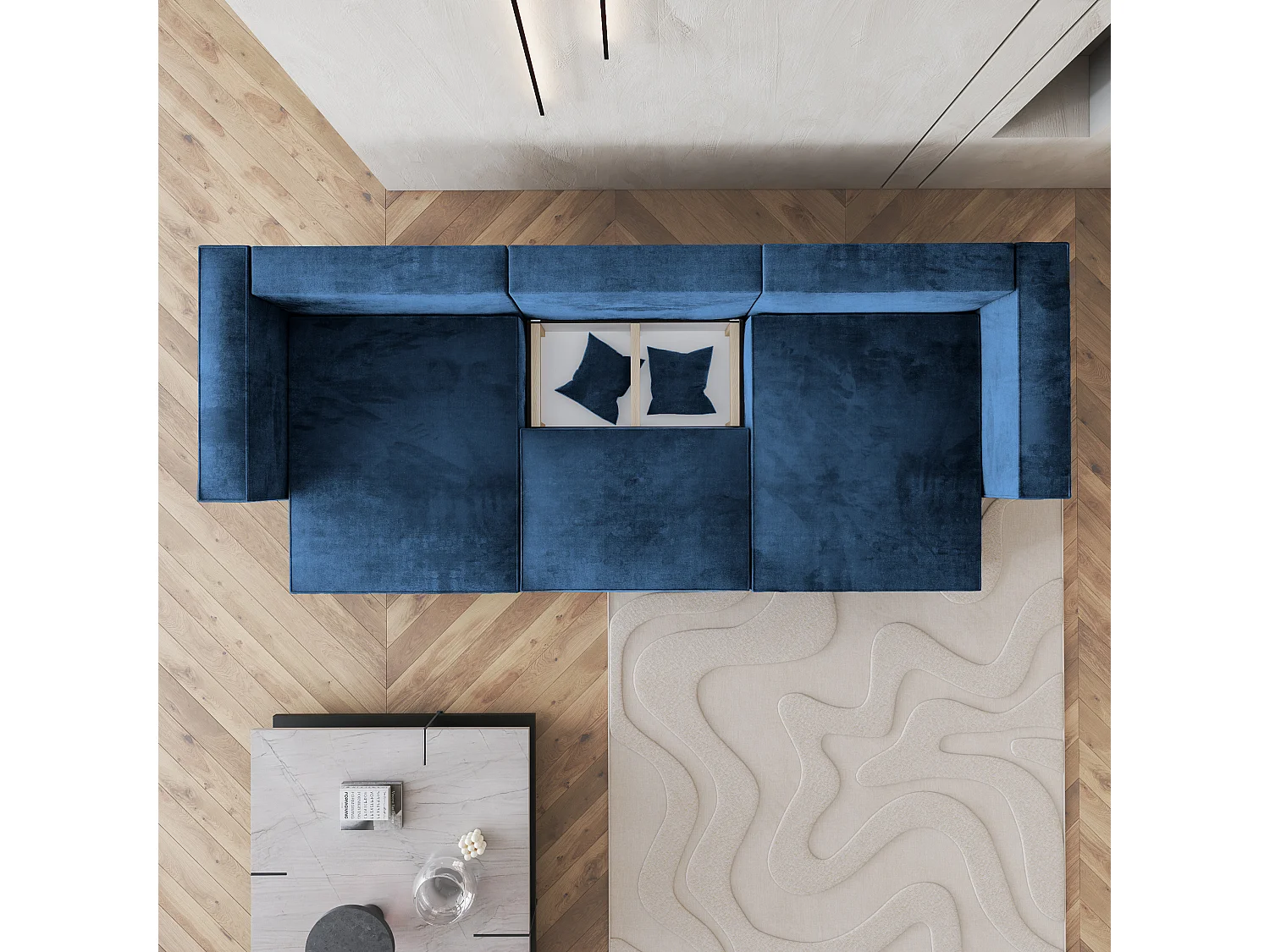 Canapé d'angle SARMO Bleu en velours avec fonction de couchage