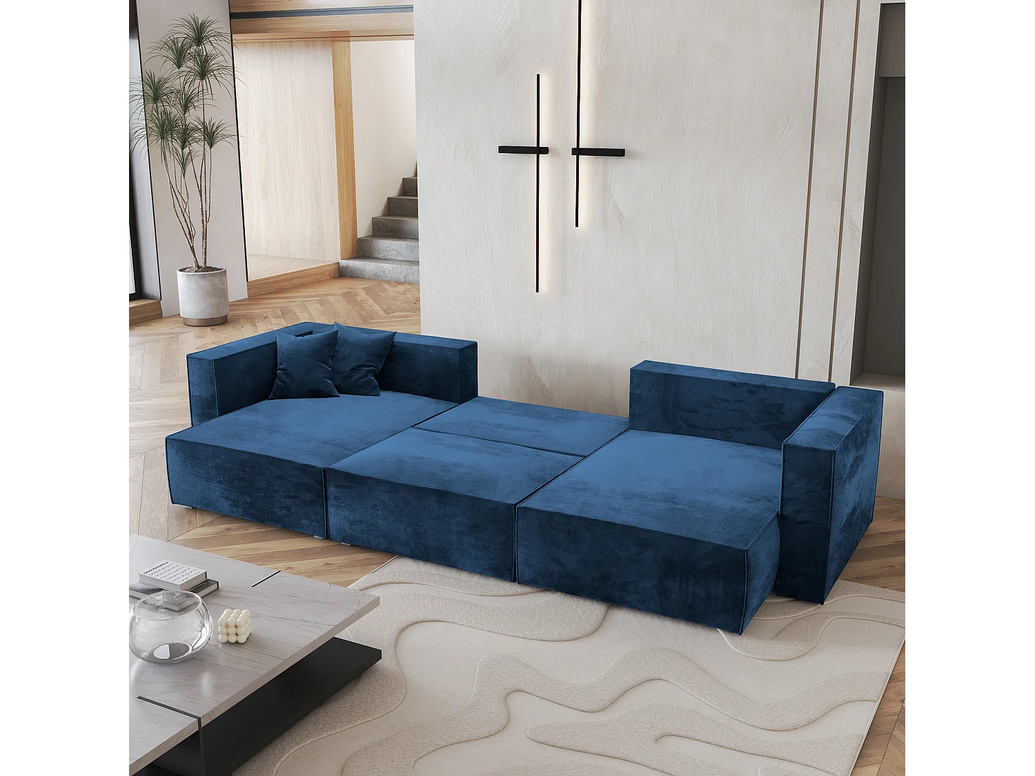 Canapé d'angle SARMO Bleu en velours avec fonction de couchage