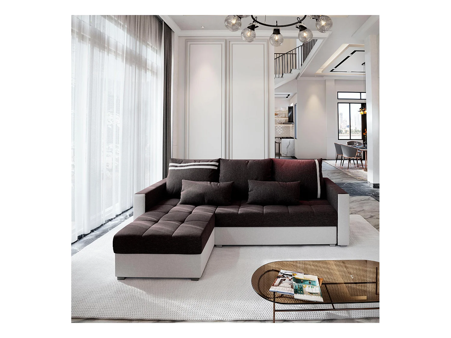 Canapé d'angle KOS PIK Gris en tissu texturé avec fonction de couchage