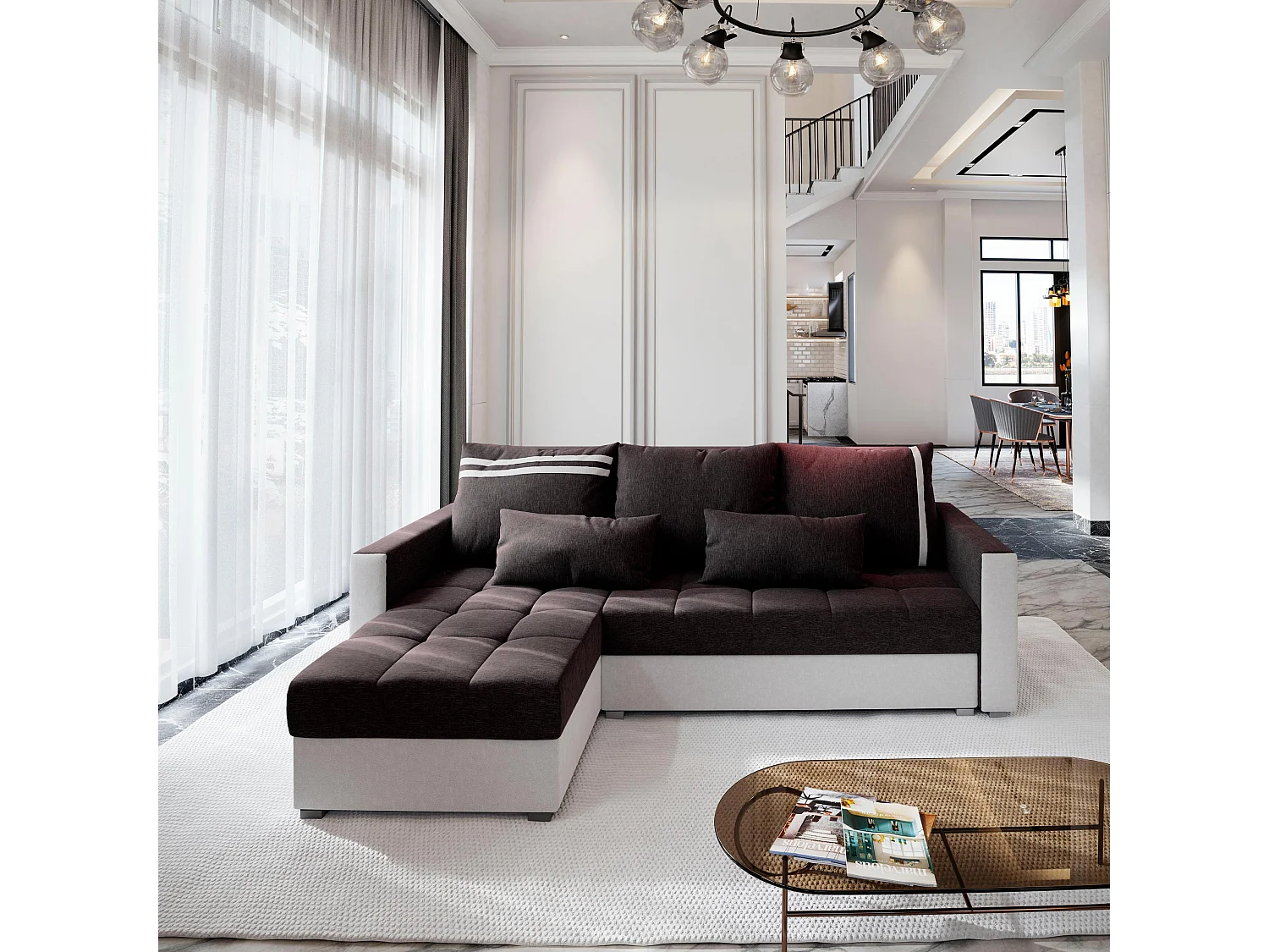 Canapé d'angle KOS PIK Gris en tissu texturé avec fonction de couchage