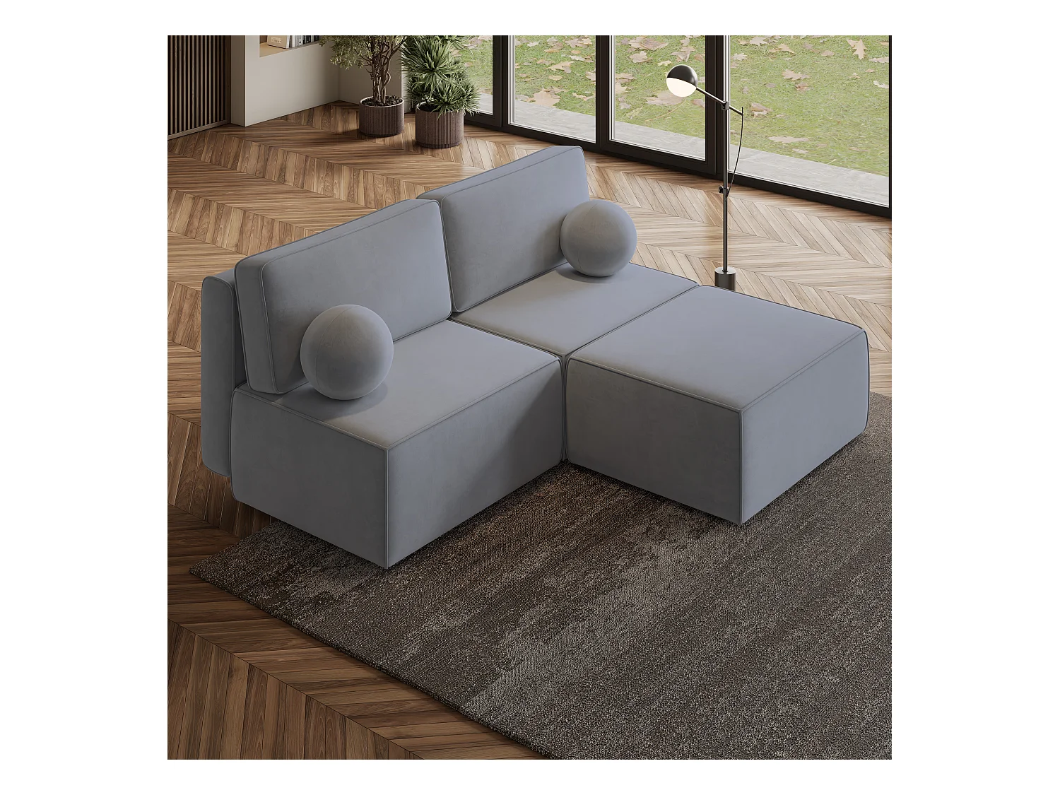 Canapé d'angle VARNA Gris en velours avec fonction de couchage