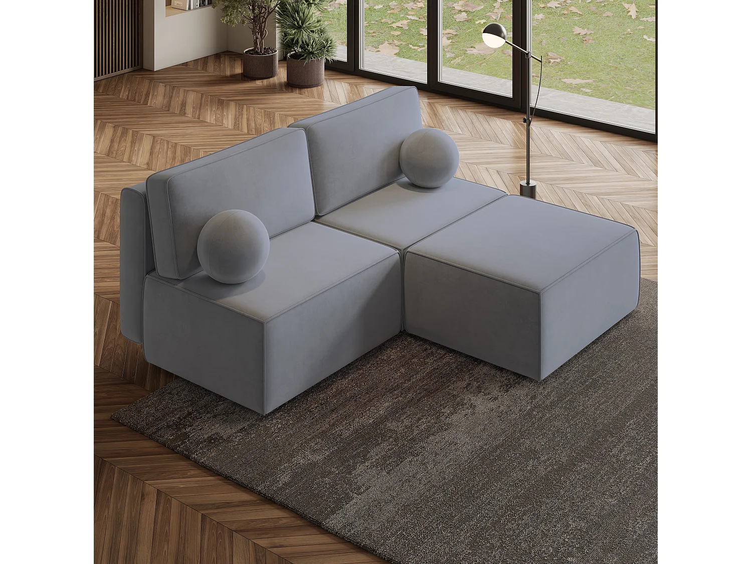 Canapé d'angle VARNA Gris en velours avec fonction de couchage