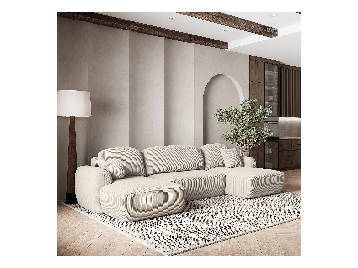 Canapé d'angle SAVONA Crème en velours côtelé avec fonction de couchage