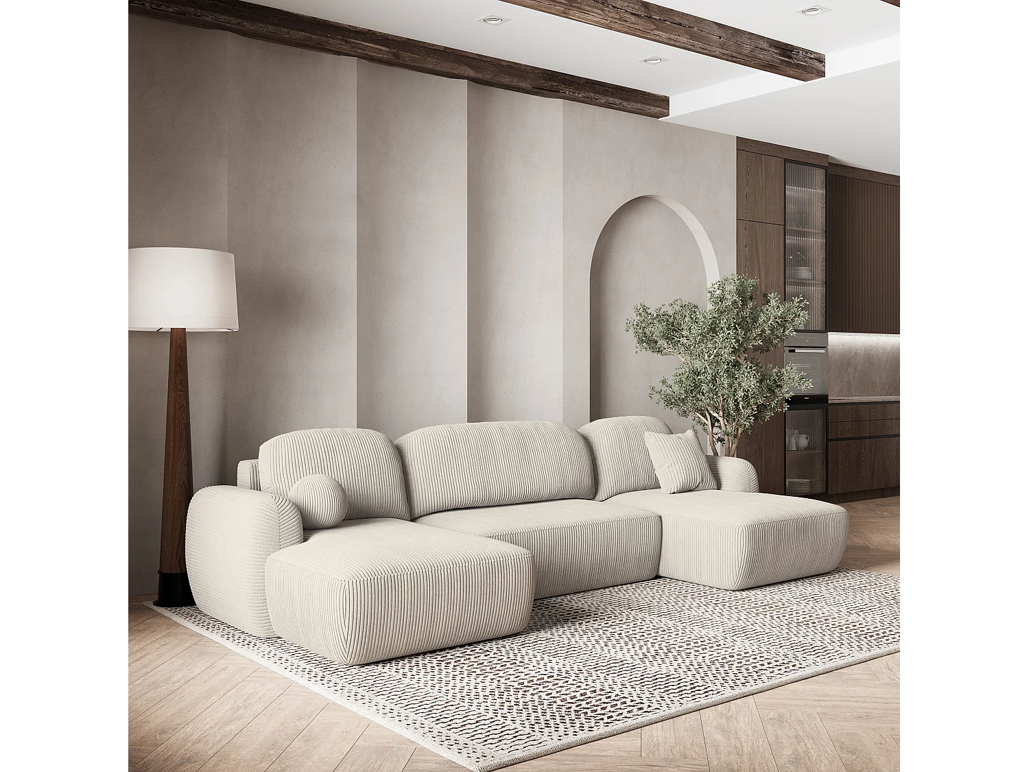 Canapé d'angle SAVONA Crème en velours côtelé avec fonction de couchage