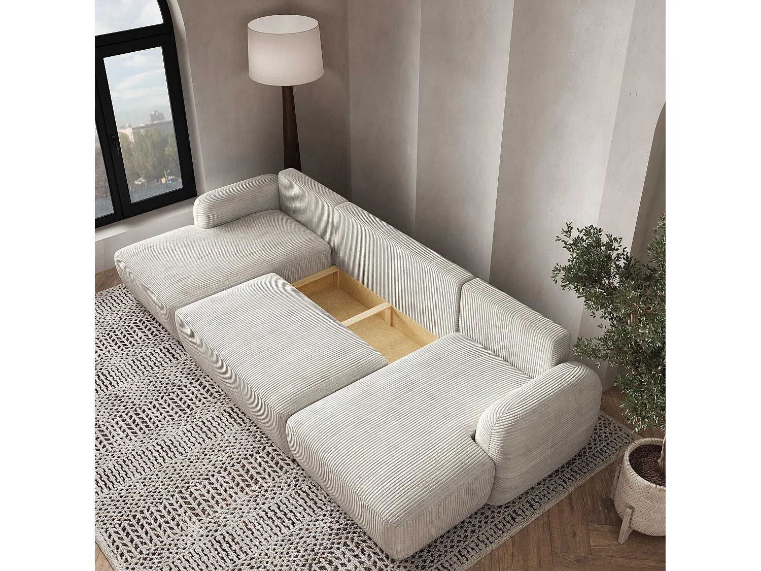 Canapé d'angle SAVONA Crème en velours côtelé avec fonction de couchage