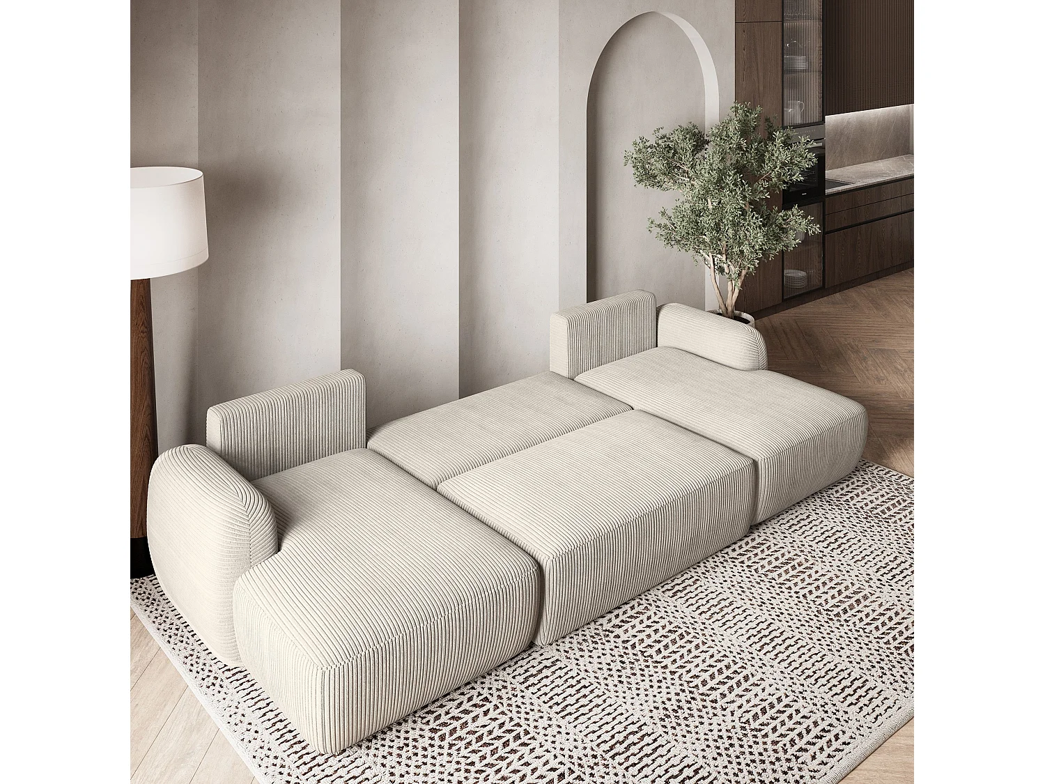 Canapé d'angle SAVONA Crème en velours côtelé avec fonction de couchage