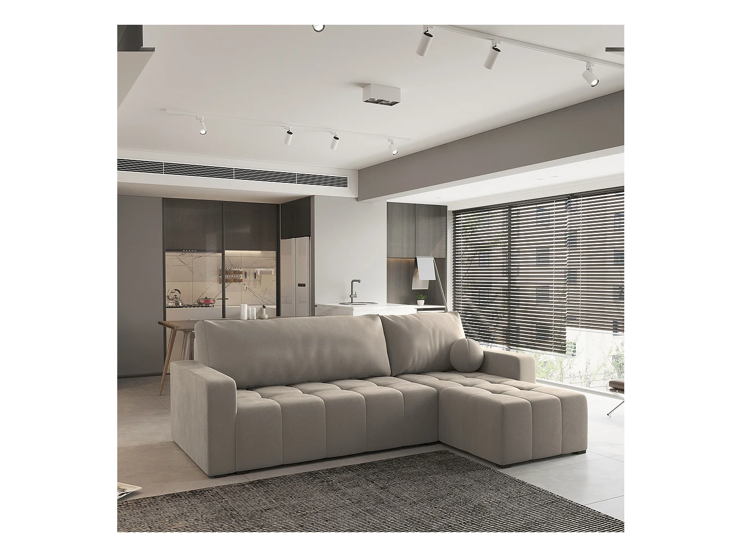 Canapé d'angle VOLIRA Beige en peluche avec fonction de couchage