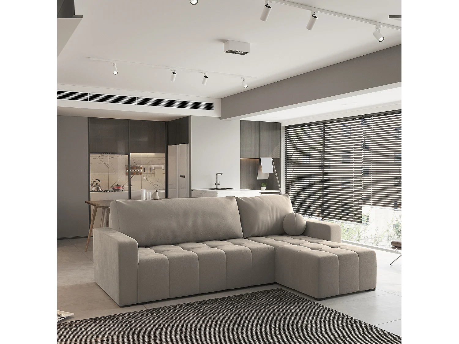 Canapé d'angle VOLIRA Beige en peluche avec fonction de couchage