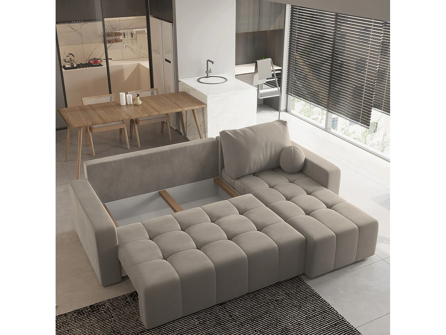 Canapé d'angle VOLIRA Beige en peluche avec fonction de couchage