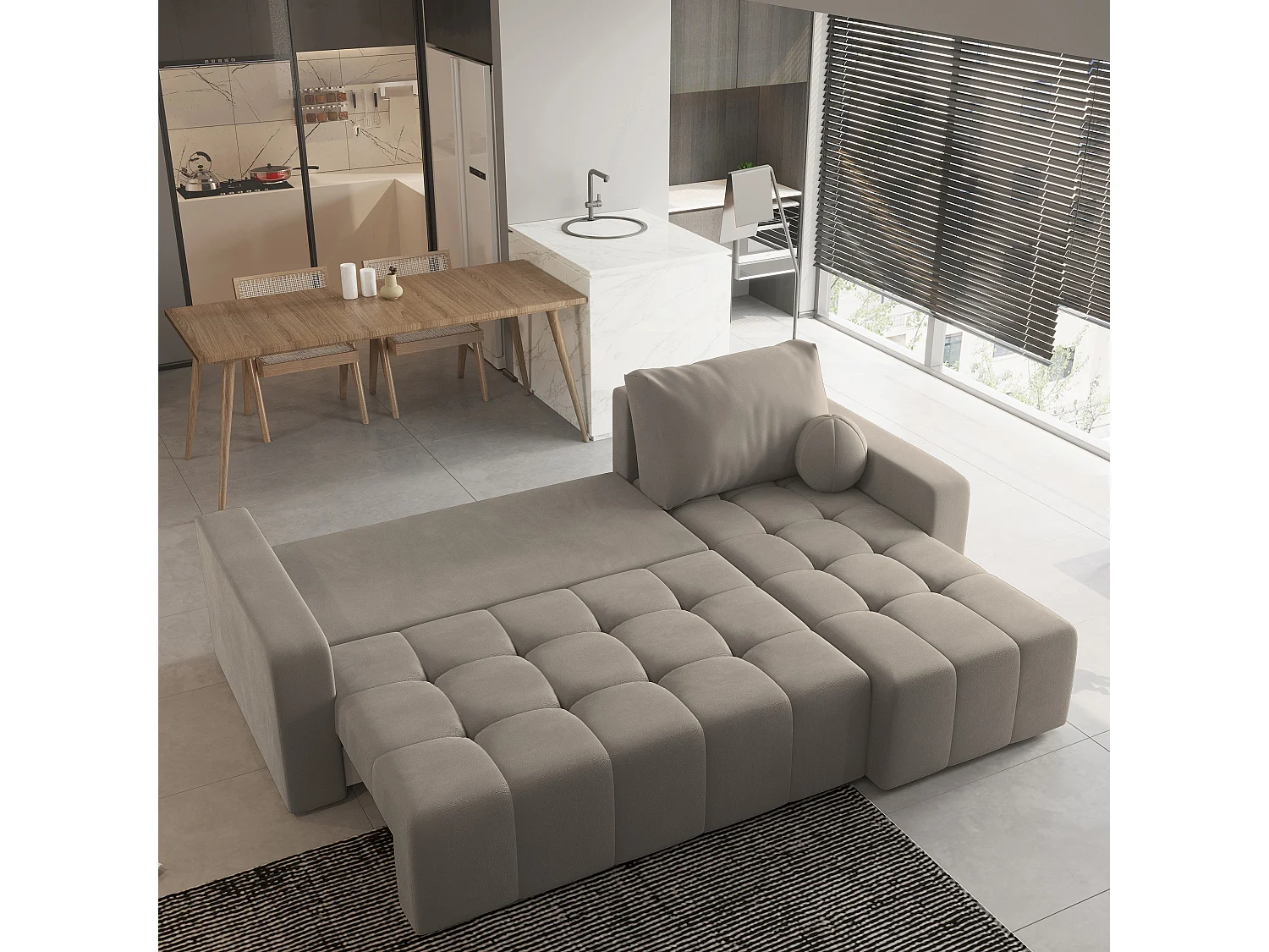 Canapé d'angle VOLIRA Beige en peluche avec fonction de couchage