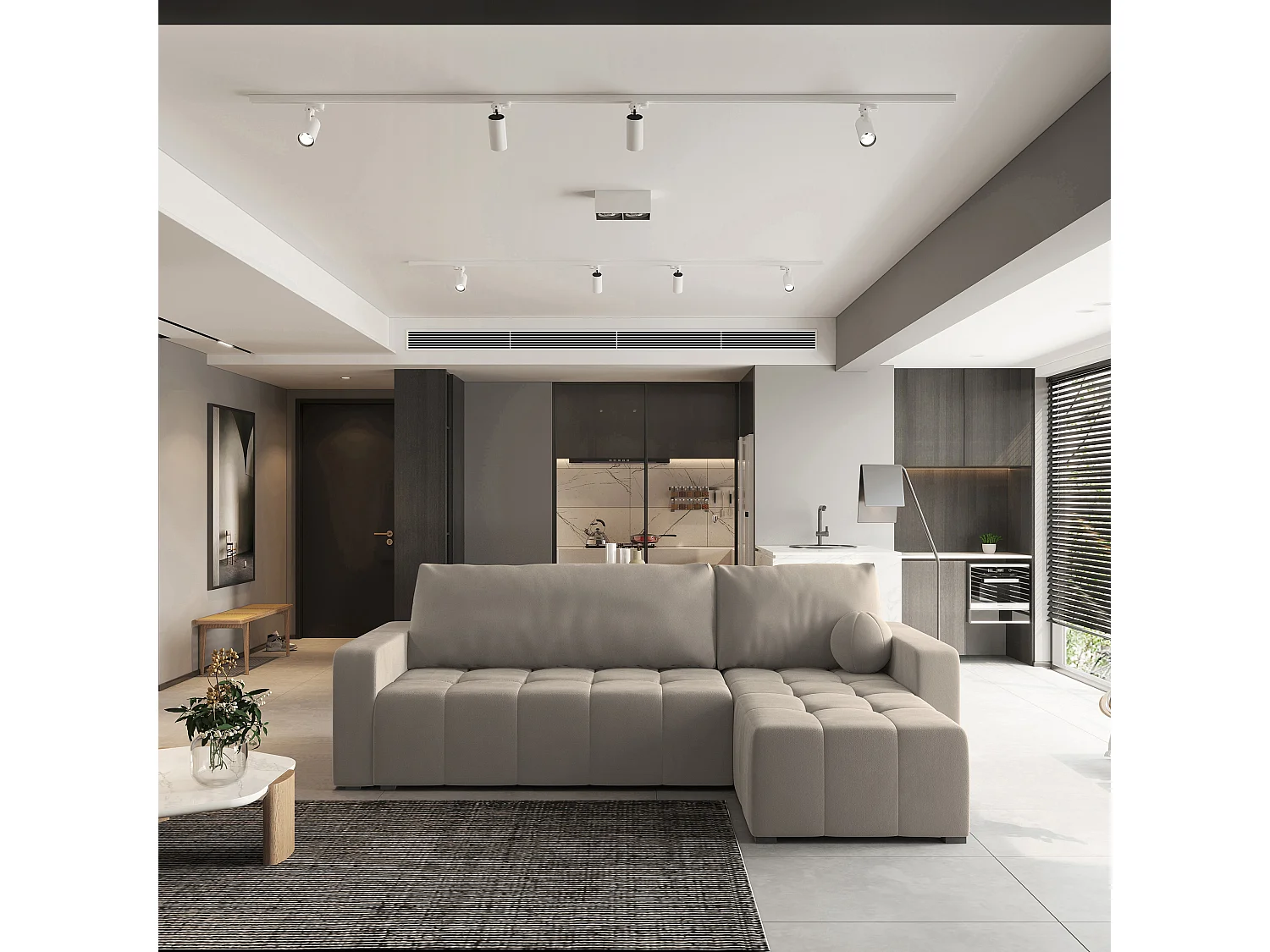 Canapé d'angle VOLIRA Beige en peluche avec fonction de couchage