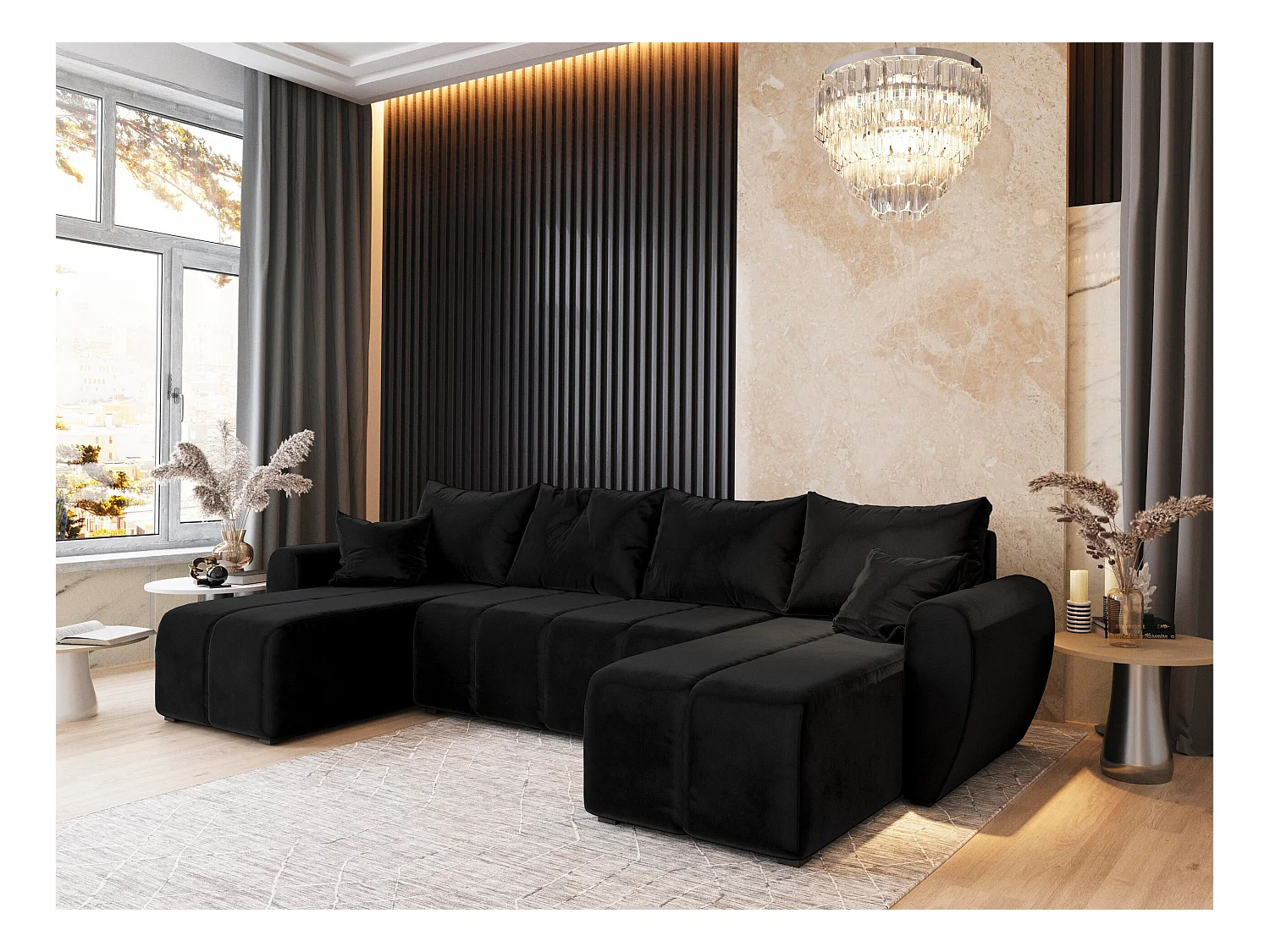 Canapé d'angle MADISON Noir en peluche avec fonction de couchage