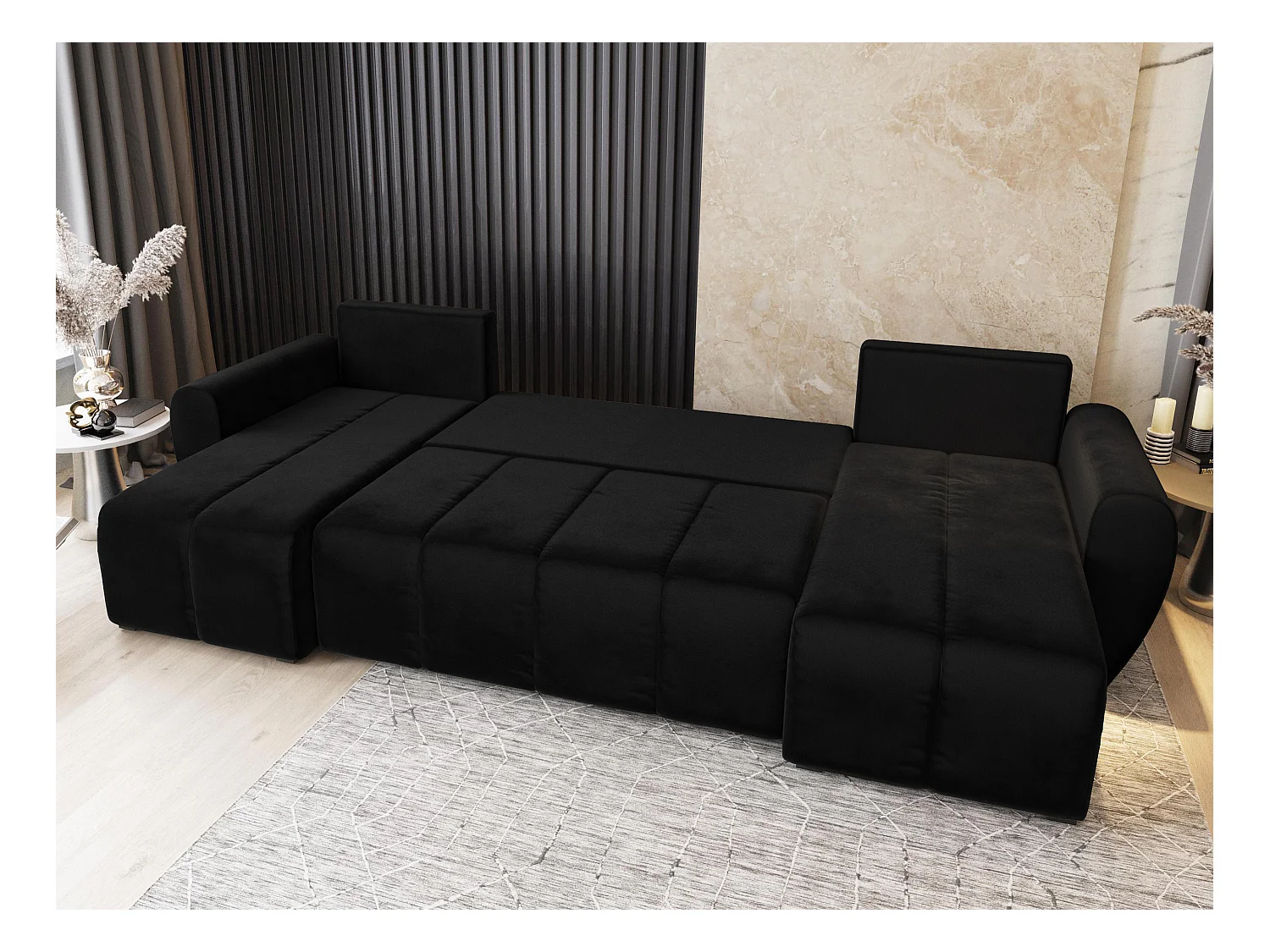 Canapé d'angle MADISON Noir en peluche avec fonction de couchage