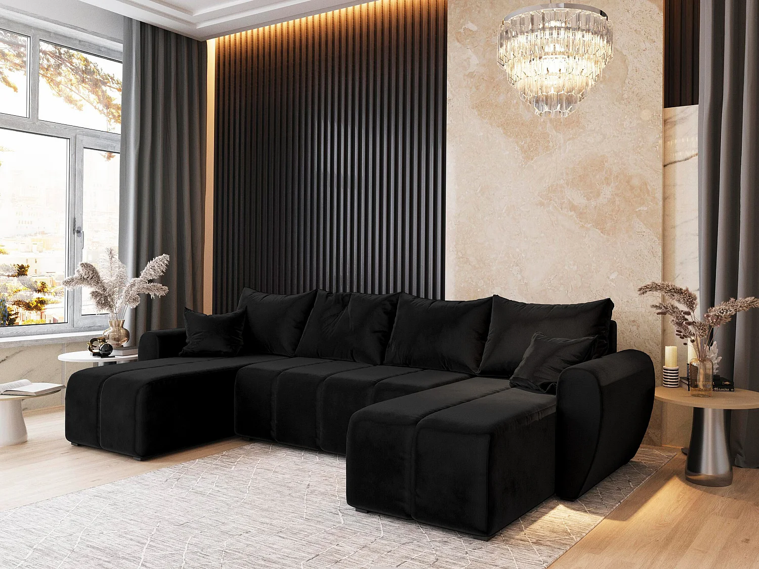 Canapé d'angle MADISON Noir en peluche avec fonction de couchage