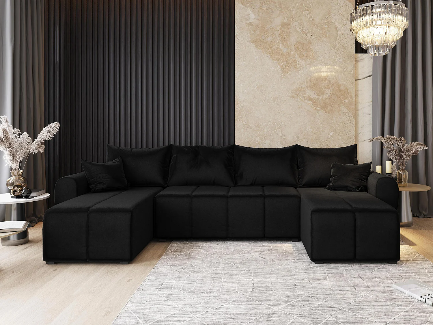 Canapé d'angle MADISON Noir en peluche avec fonction de couchage