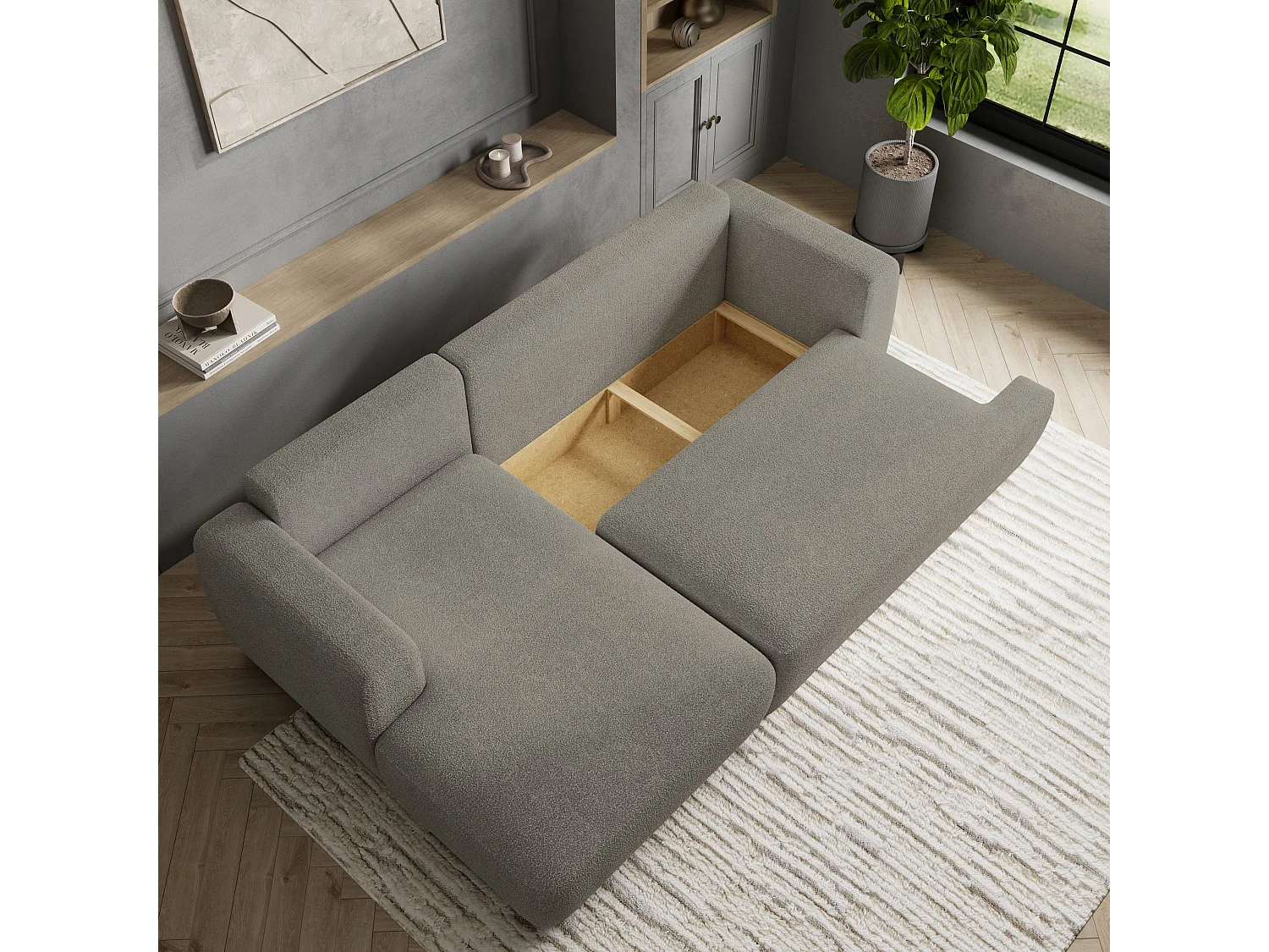 Canapé d'angle SENTI Gris clair en bouclé avec fonction de couchage