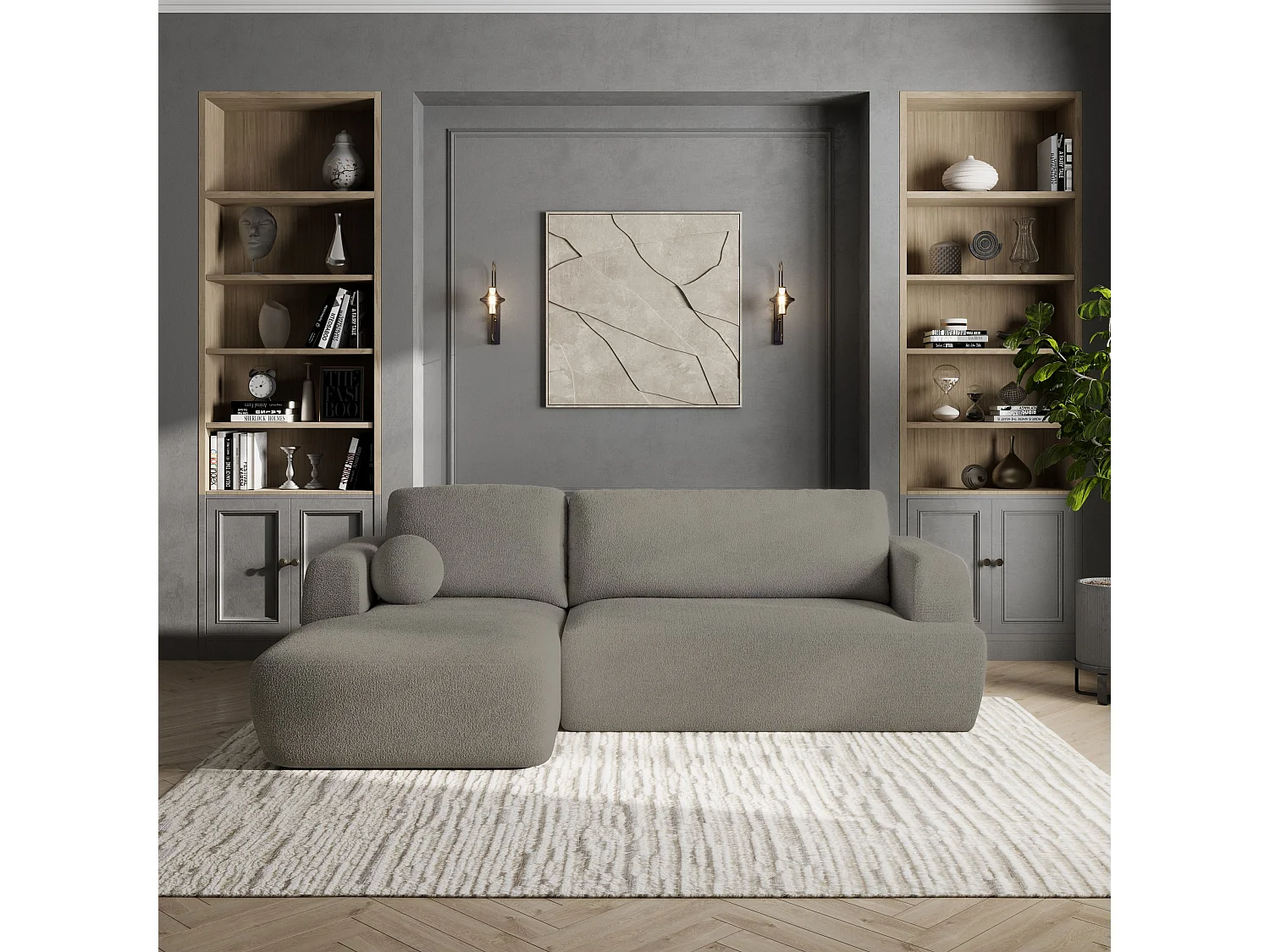 Canapé d'angle SENTI Gris clair en bouclé avec fonction de couchage