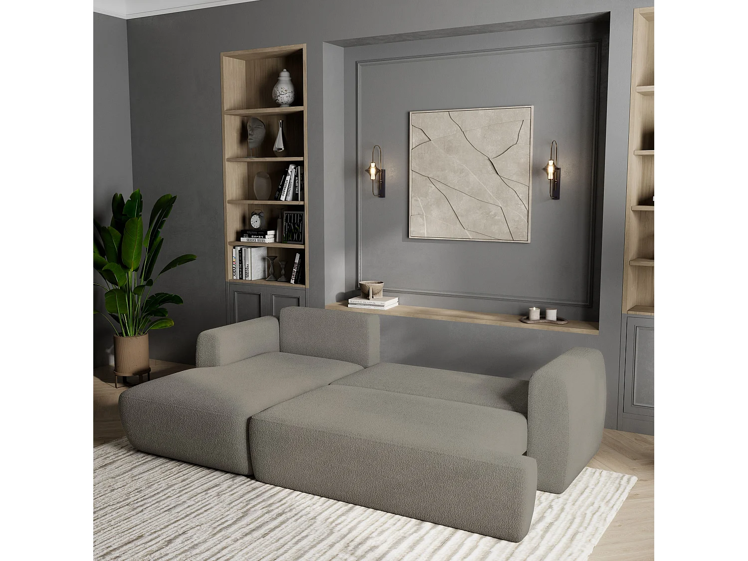 Canapé d'angle SENTI Gris clair en bouclé avec fonction de couchage