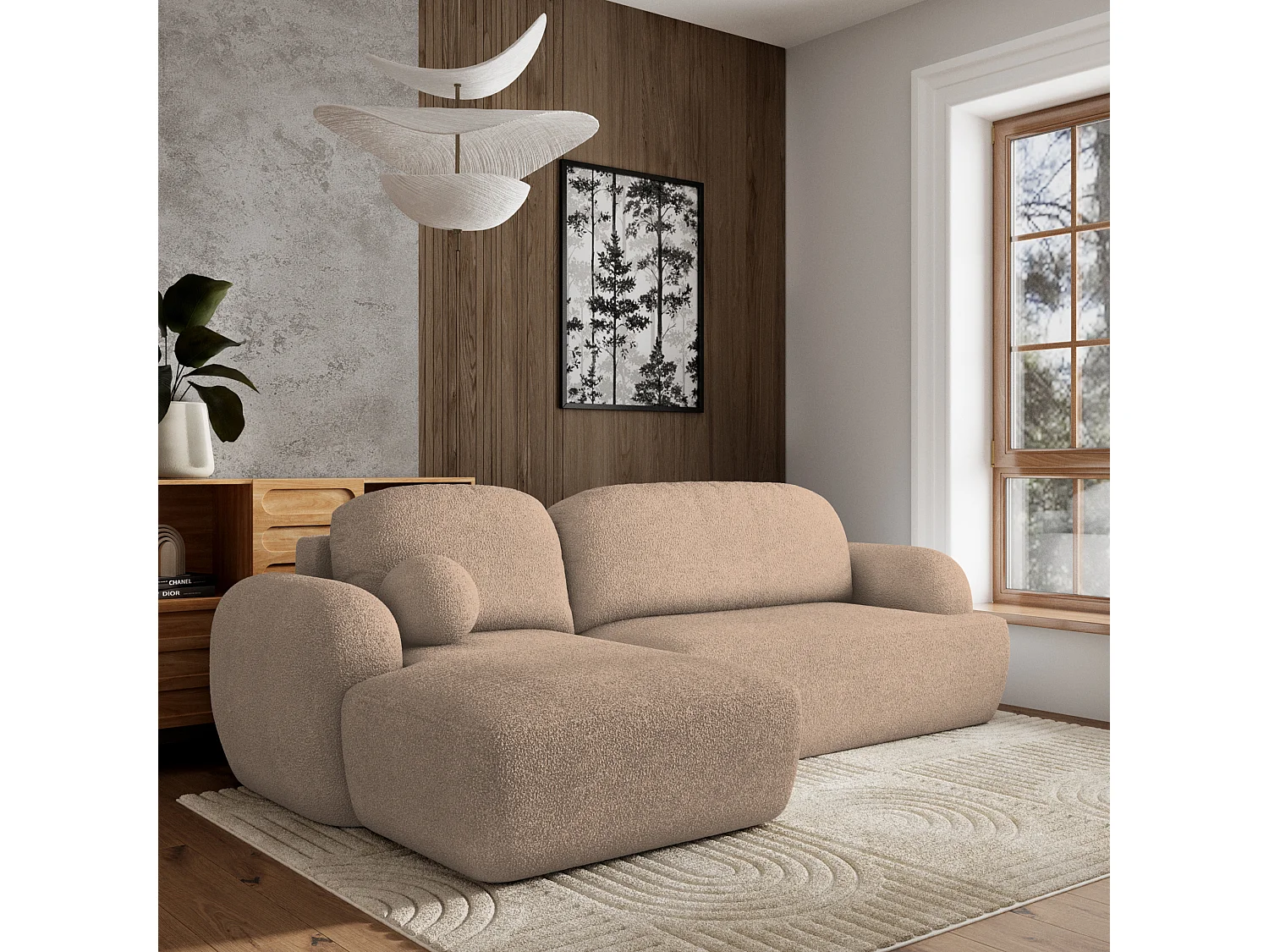 Canapé d'angle MODENZA Beige en bouclé avec fonction de couchage