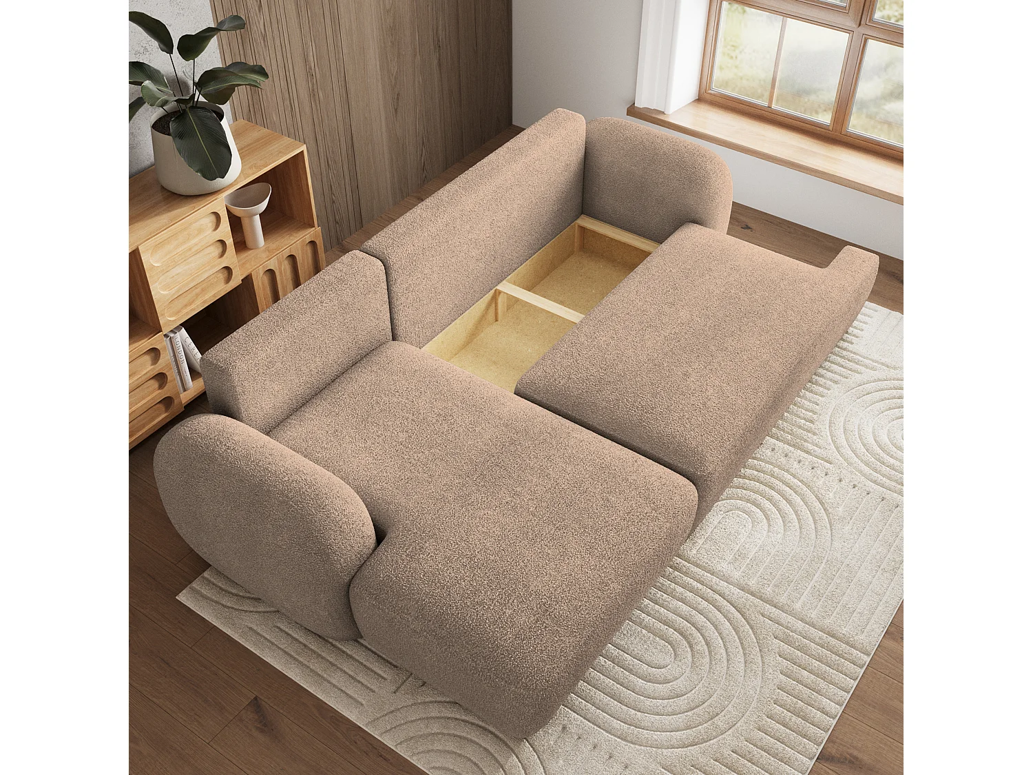 Canapé d'angle MODENZA Beige en bouclé avec fonction de couchage