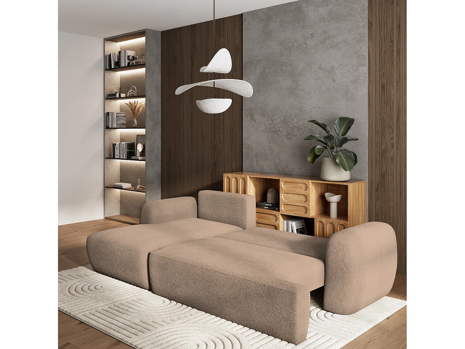 Canapé d'angle MODENZA Beige en bouclé avec fonction de couchage