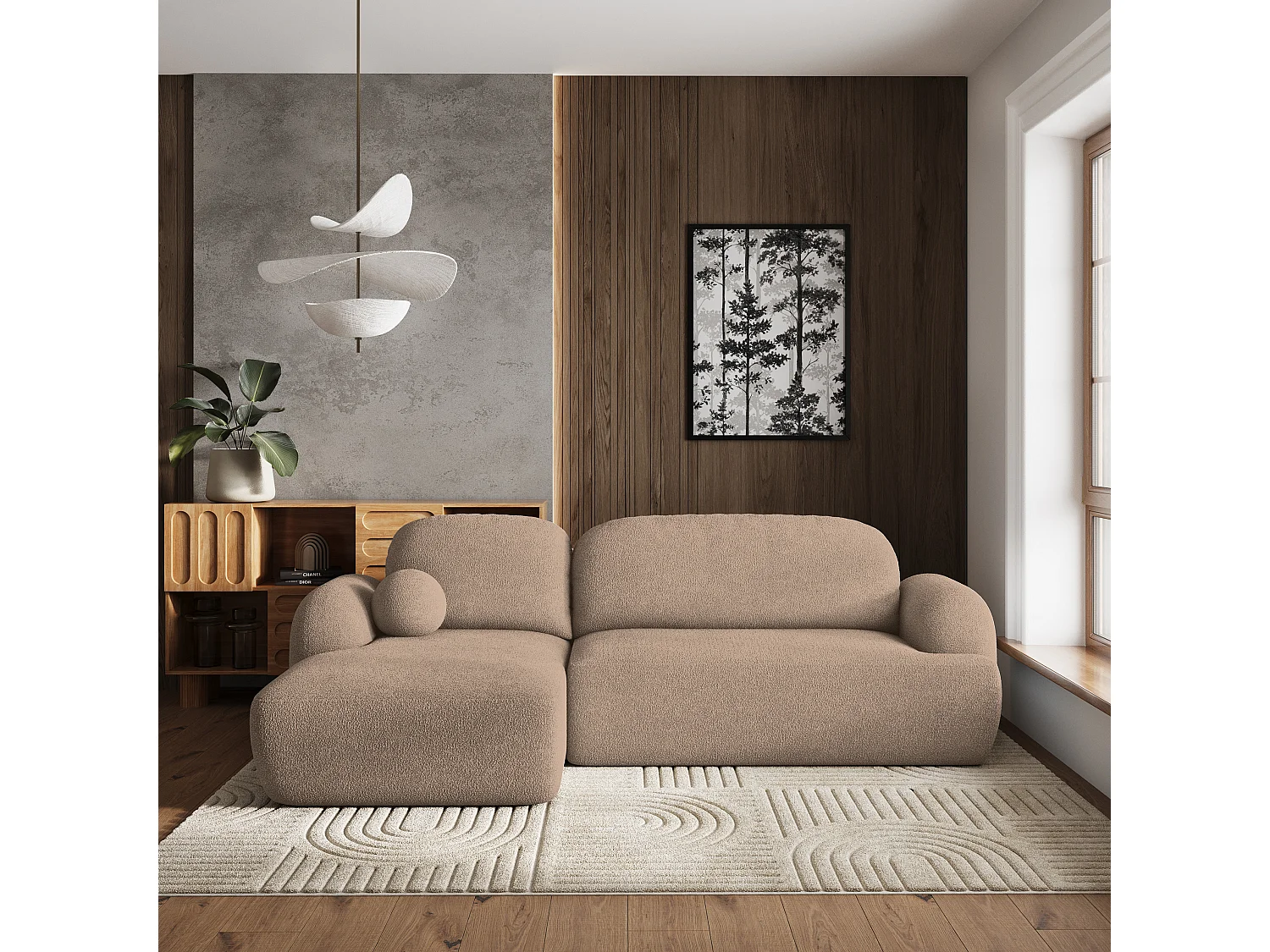 Canapé d'angle MODENZA Beige en bouclé avec fonction de couchage