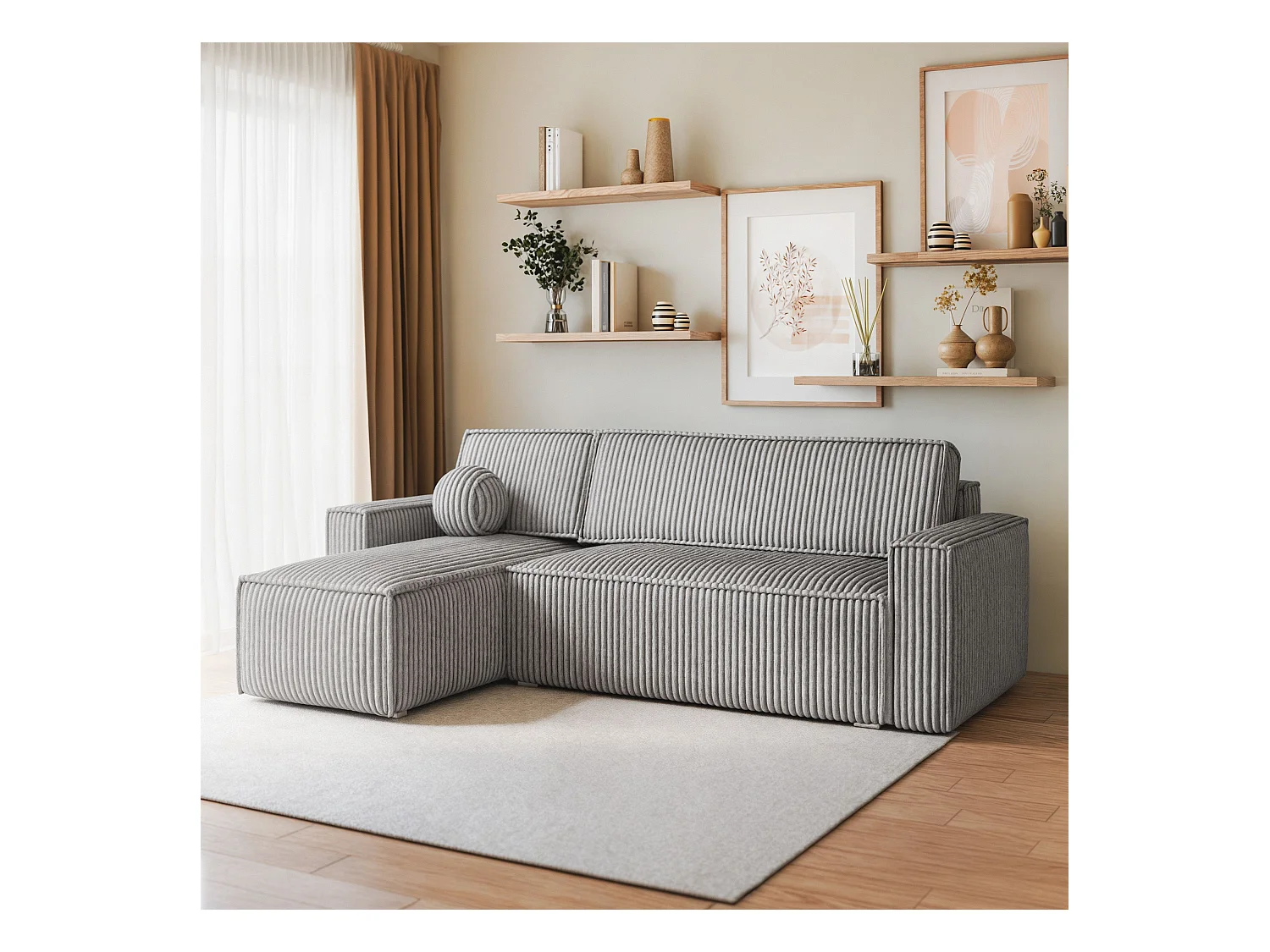 Canapé d'angle RAVELO Gris clair en velours côtelé avec fonction de couchage