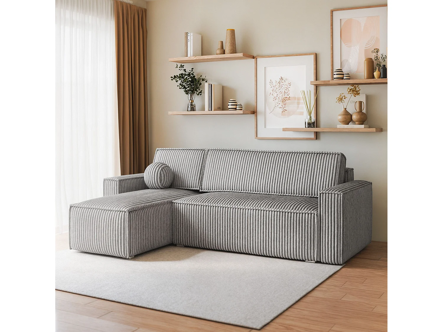 Canapé d'angle RAVELO Gris clair en velours côtelé avec fonction de couchage