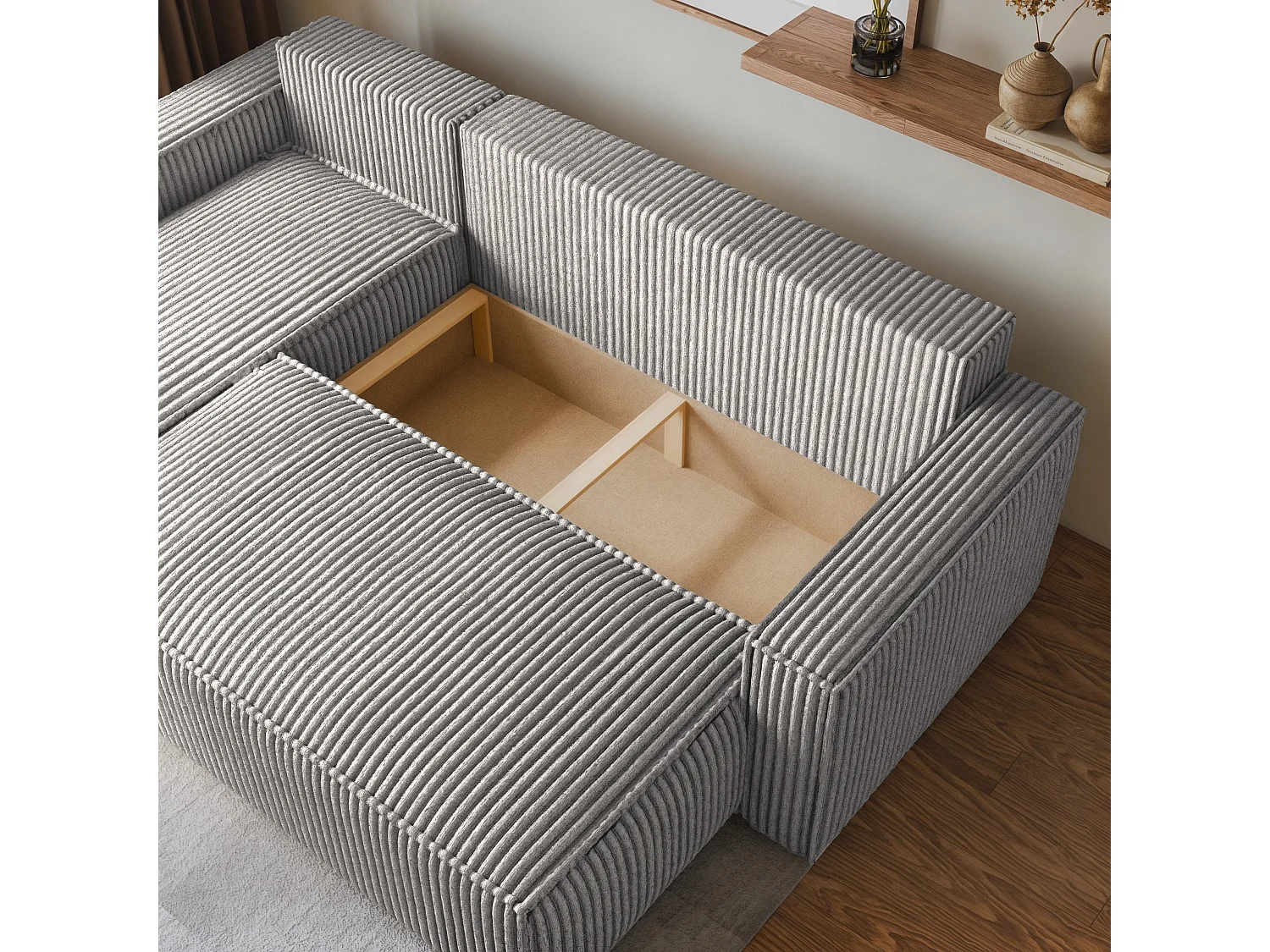 Canapé d'angle RAVELO Gris clair en velours côtelé avec fonction de couchage
